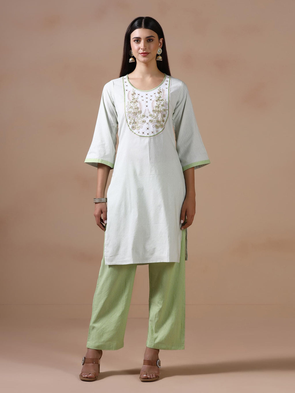 Women Poly Cotton Green Embroidered Yarn Dyed Kurta Comfort Pant Dupatta