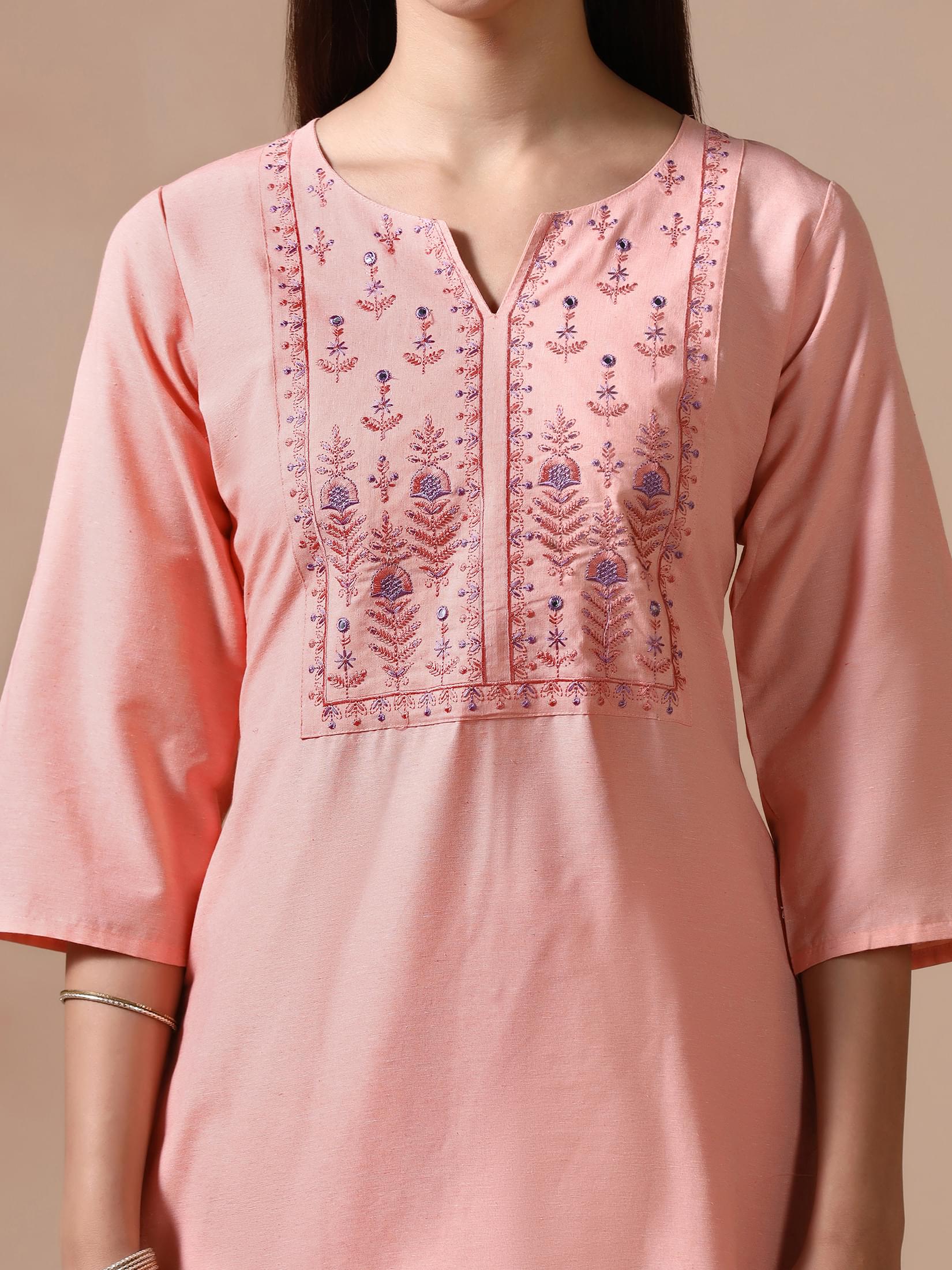 Women Poly Cotton Peach Embroidered Kurta Comfort Pant Dupatta