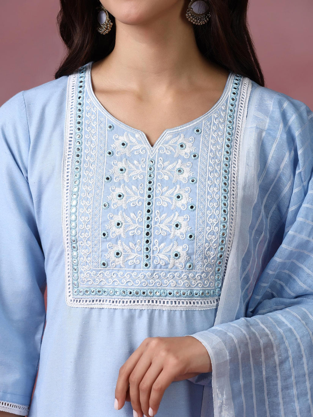 Women Poly Cotton Blue Embroidered Kurta Comfort Pant Dupatta
