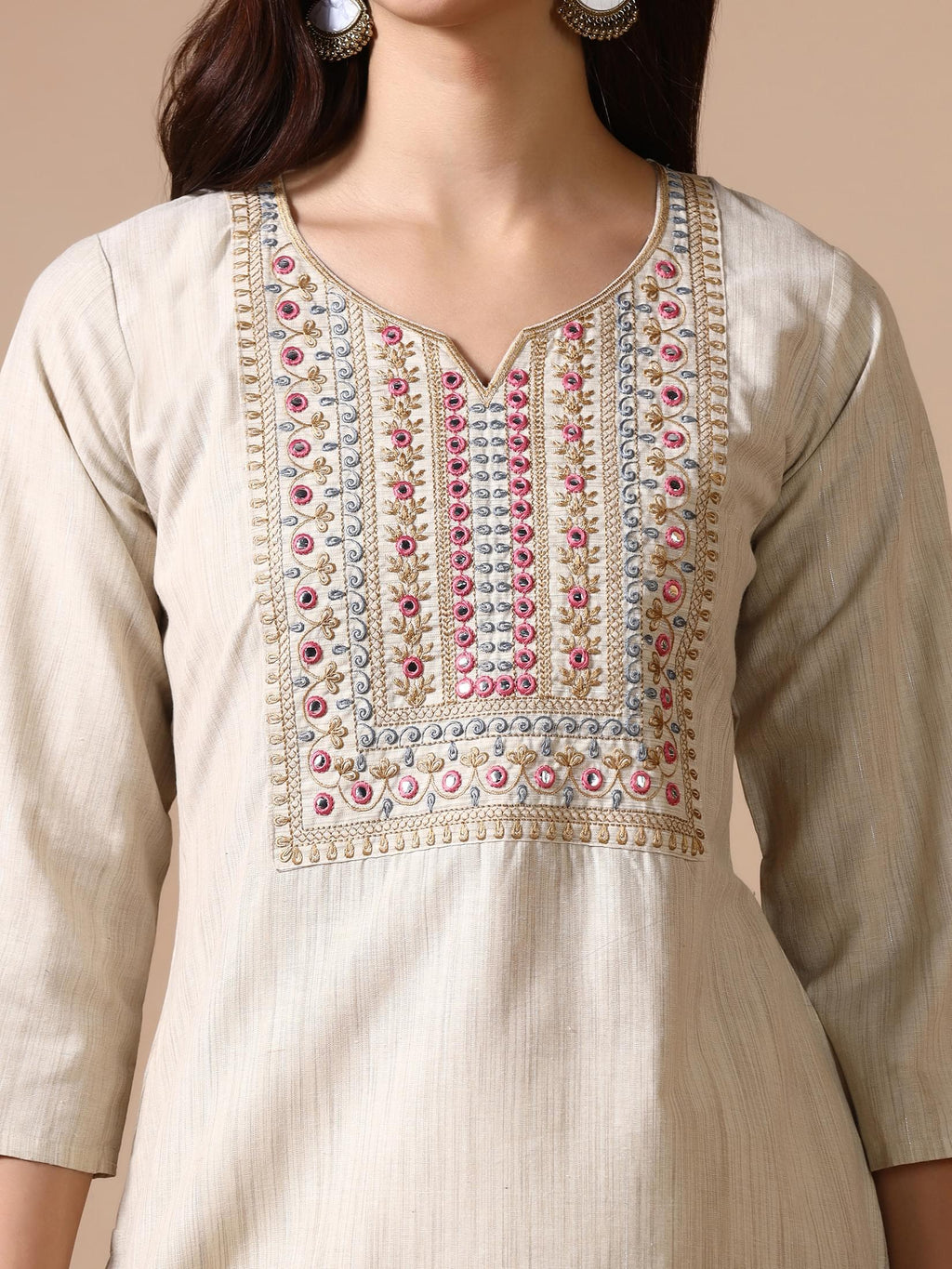 Women Poly Cotton Beige Embroidered Kurta Comfort Pant Dupatta