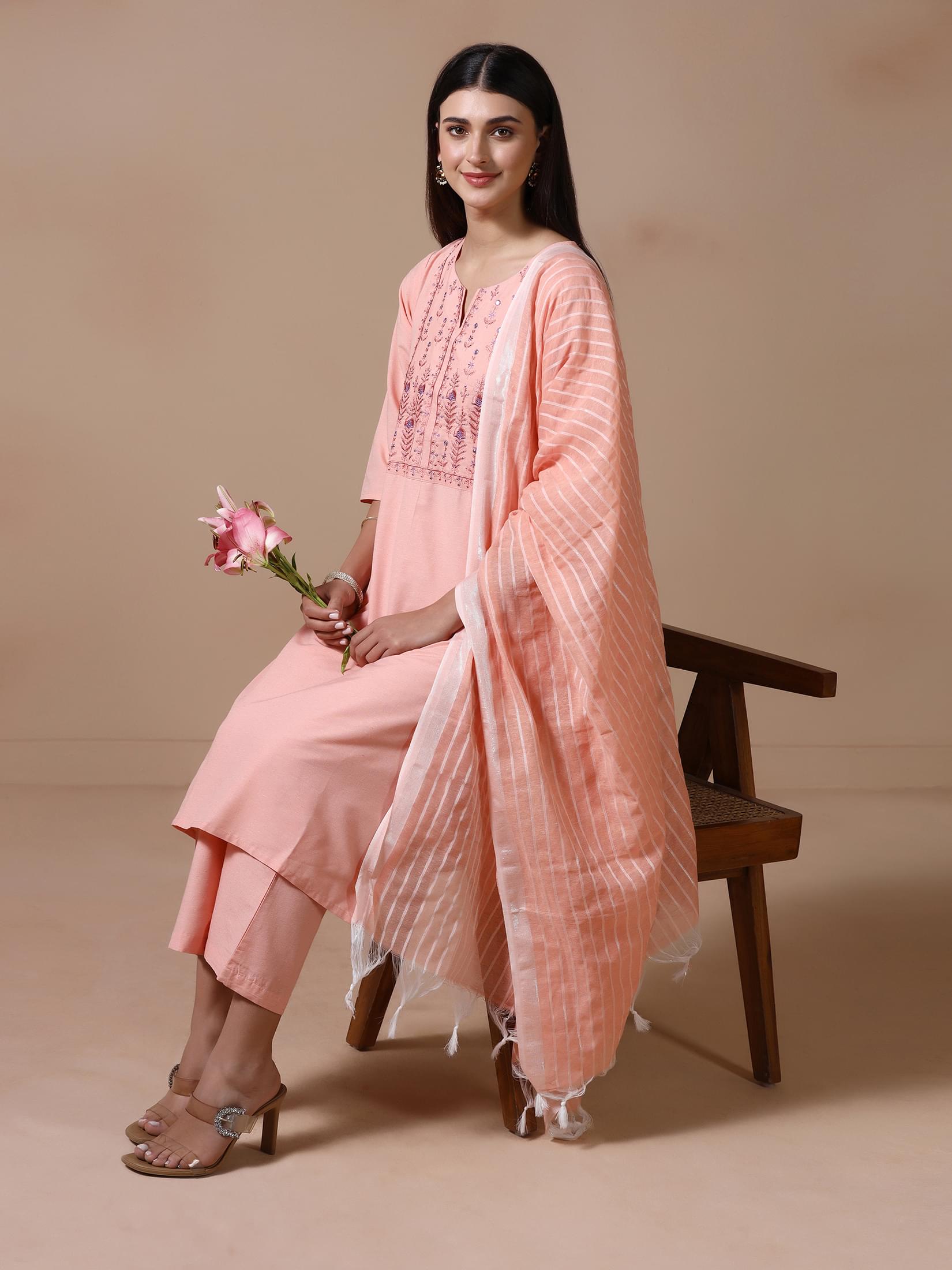 Women Poly Cotton Peach Embroidered Kurta Comfort Pant Dupatta