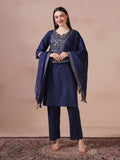 Women Poly Cotton Navy Blue Embroidered Kurta Comfort Pant Dupatta