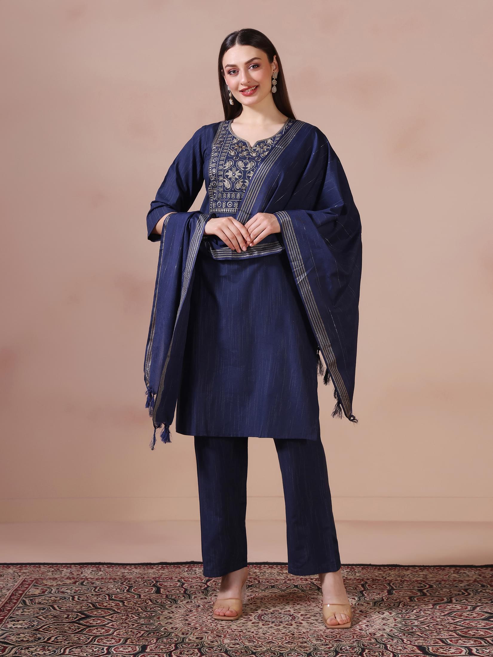 Women Poly Cotton Navy Blue Embroidered Kurta Comfort Pant Dupatta