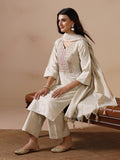 Women Poly Cotton Beige Embroidered Kurta Comfort Pant Dupatta