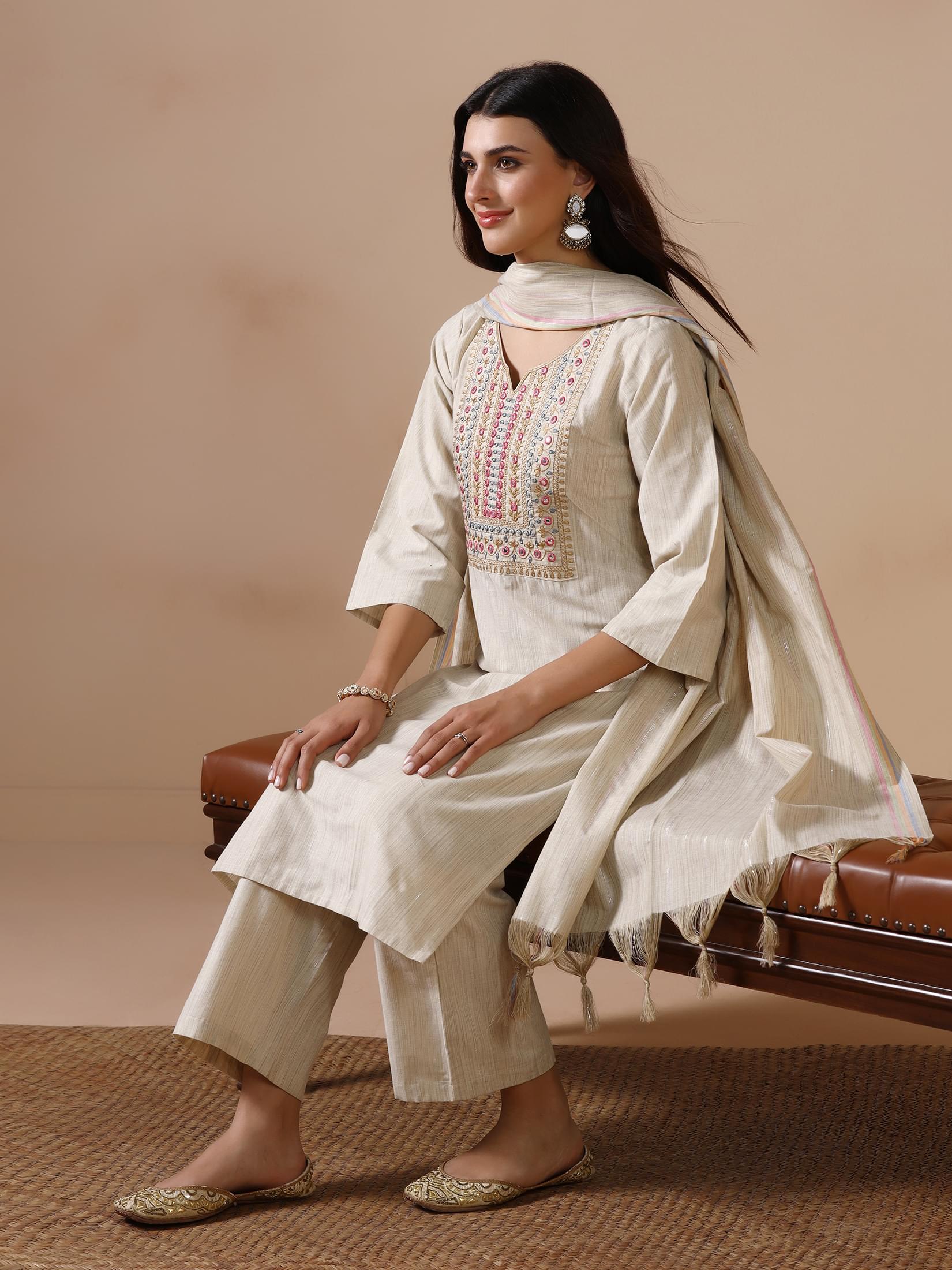 Women Poly Cotton Beige Embroidered Kurta Comfort Pant Dupatta