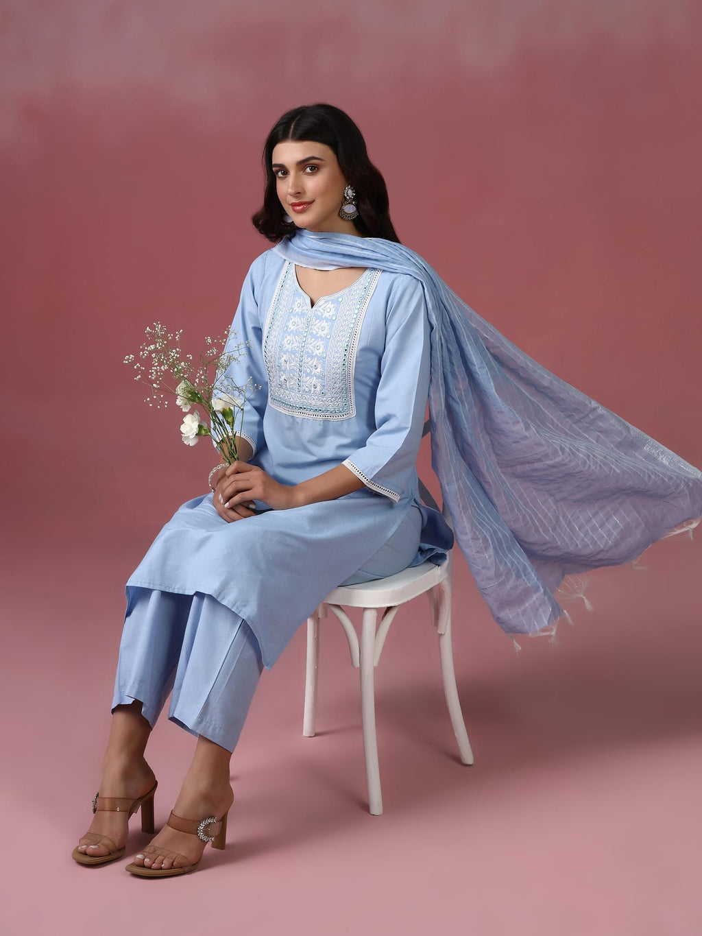 Women Poly Cotton Blue Embroidered Kurta Comfort Pant Dupatta