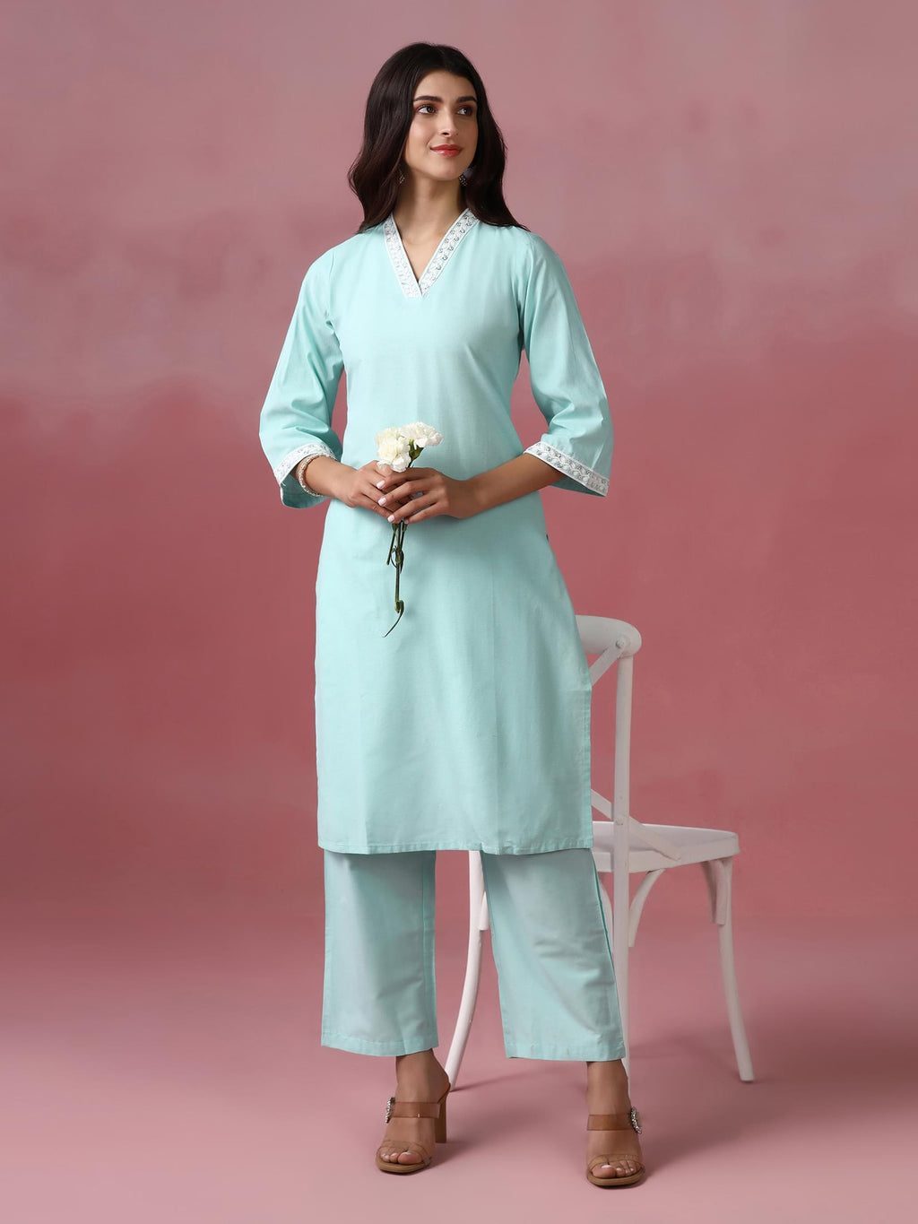 Women Poly Cotton Green Embroidered Kurta With Comfort Pant