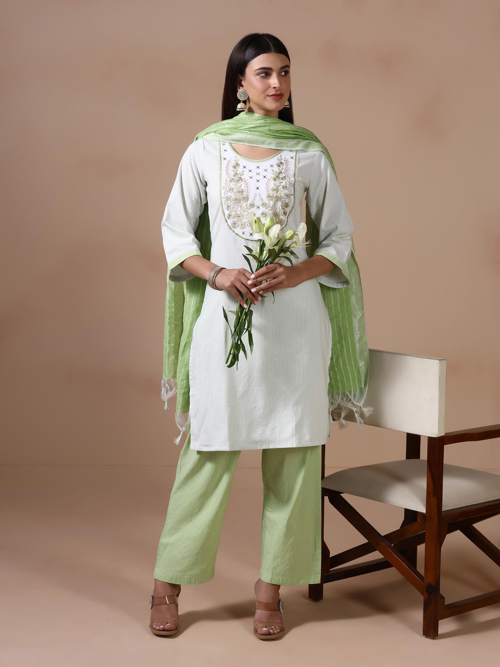 Women Poly Cotton Green Embroidered Yarn Dyed Kurta Comfort Pant Dupatta