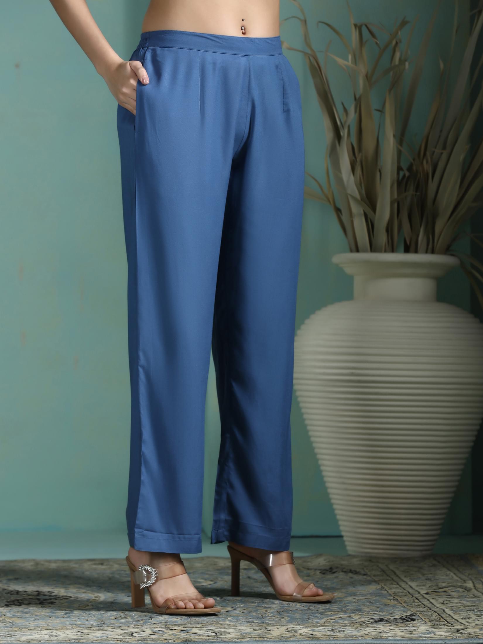 Women Liva Blue Printed Top With Comfort Pant