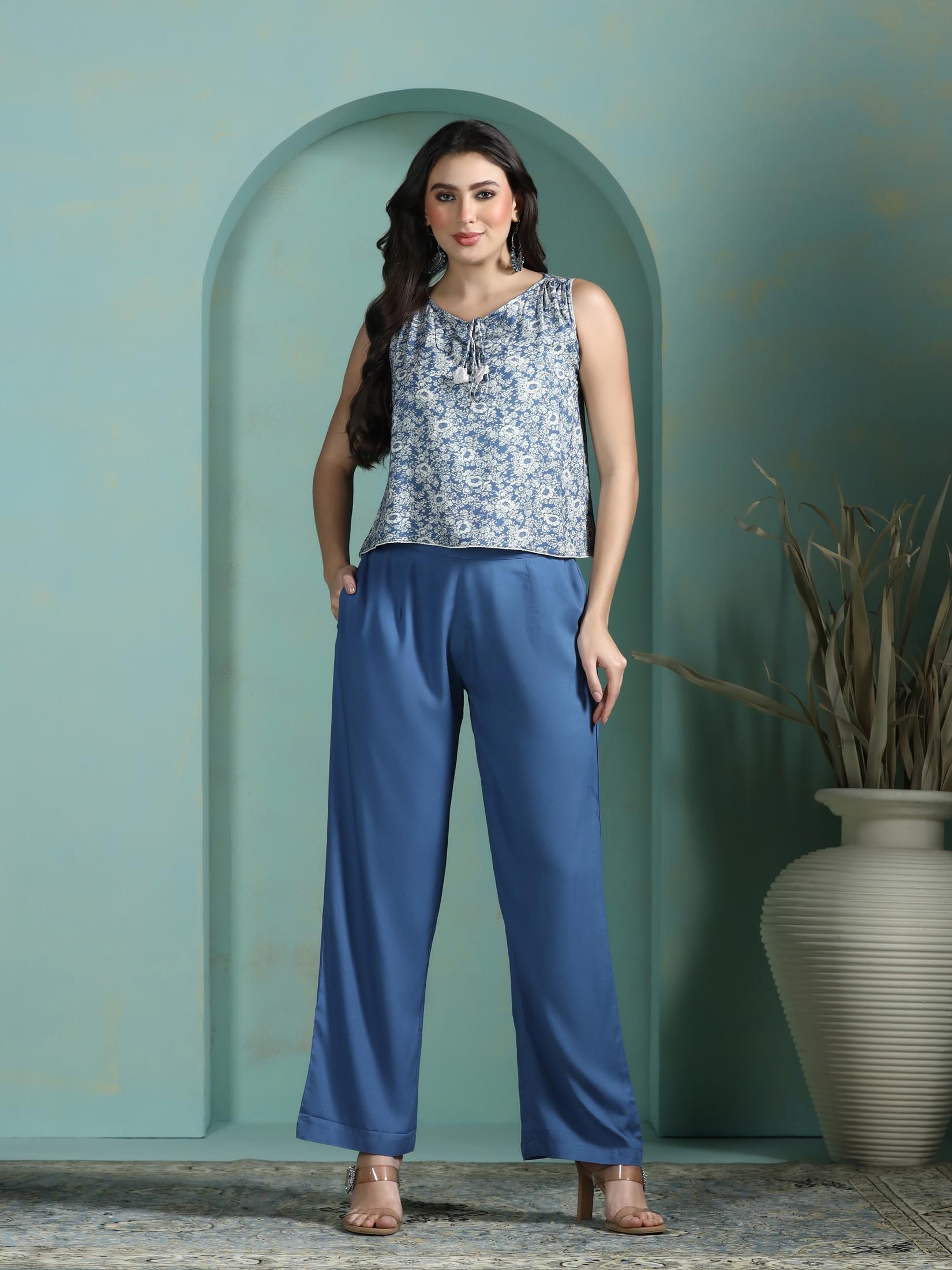 Women Liva Blue Printed Top With Comfort Pant