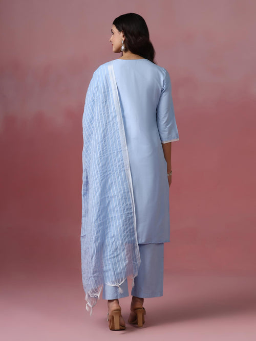 Women Poly Cotton Blue Embroidered Kurta Comfort Pant Dupatta