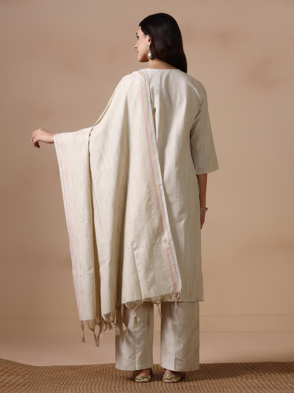 Women Poly Cotton Beige Embroidered Kurta Comfort Pant Dupatta