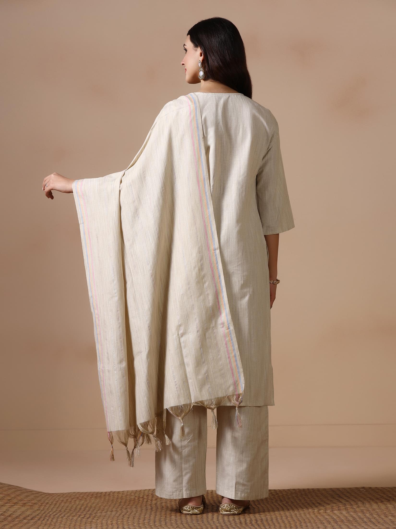Women Poly Cotton Beige Embroidered Kurta Comfort Pant Dupatta