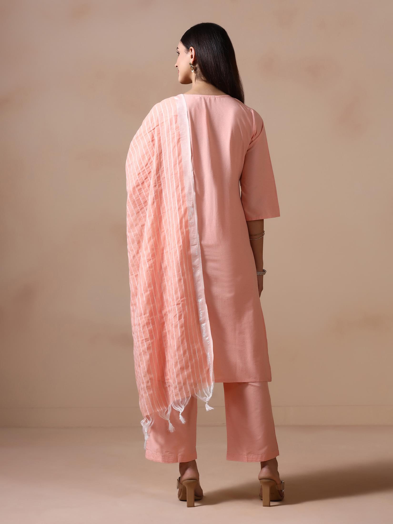 Women Poly Cotton Peach Embroidered Kurta Comfort Pant Dupatta