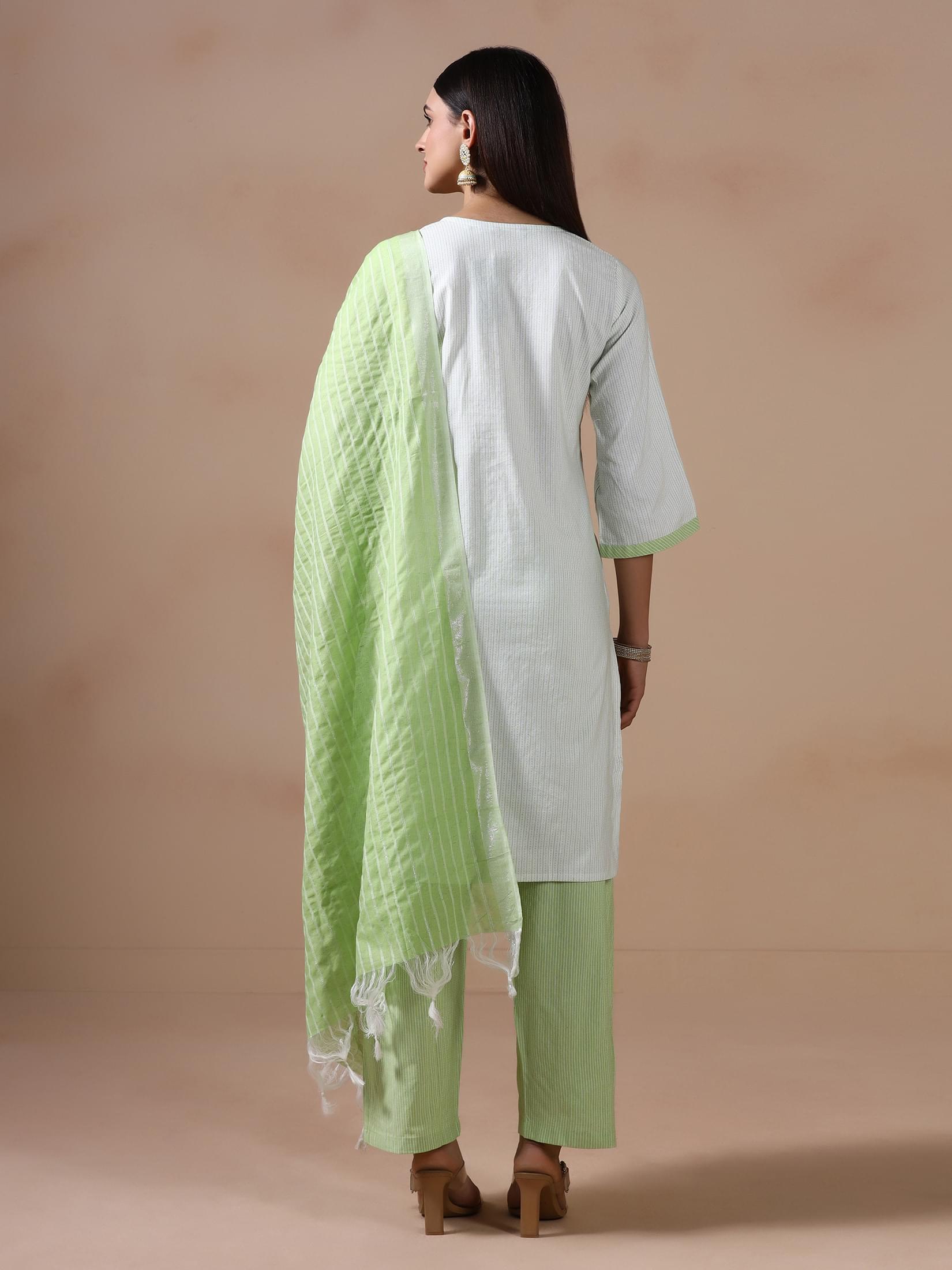 Women Poly Cotton Green Embroidered Yarn Dyed Kurta Comfort Pant Dupatta