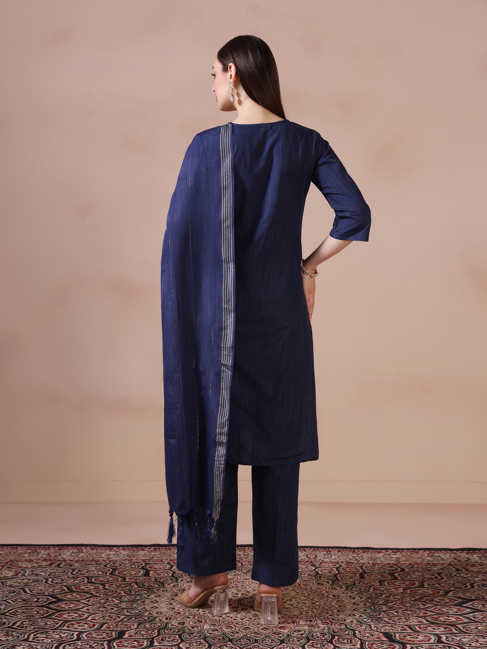 Women Poly Cotton Navy Blue Embroidered Kurta Comfort Pant Dupatta