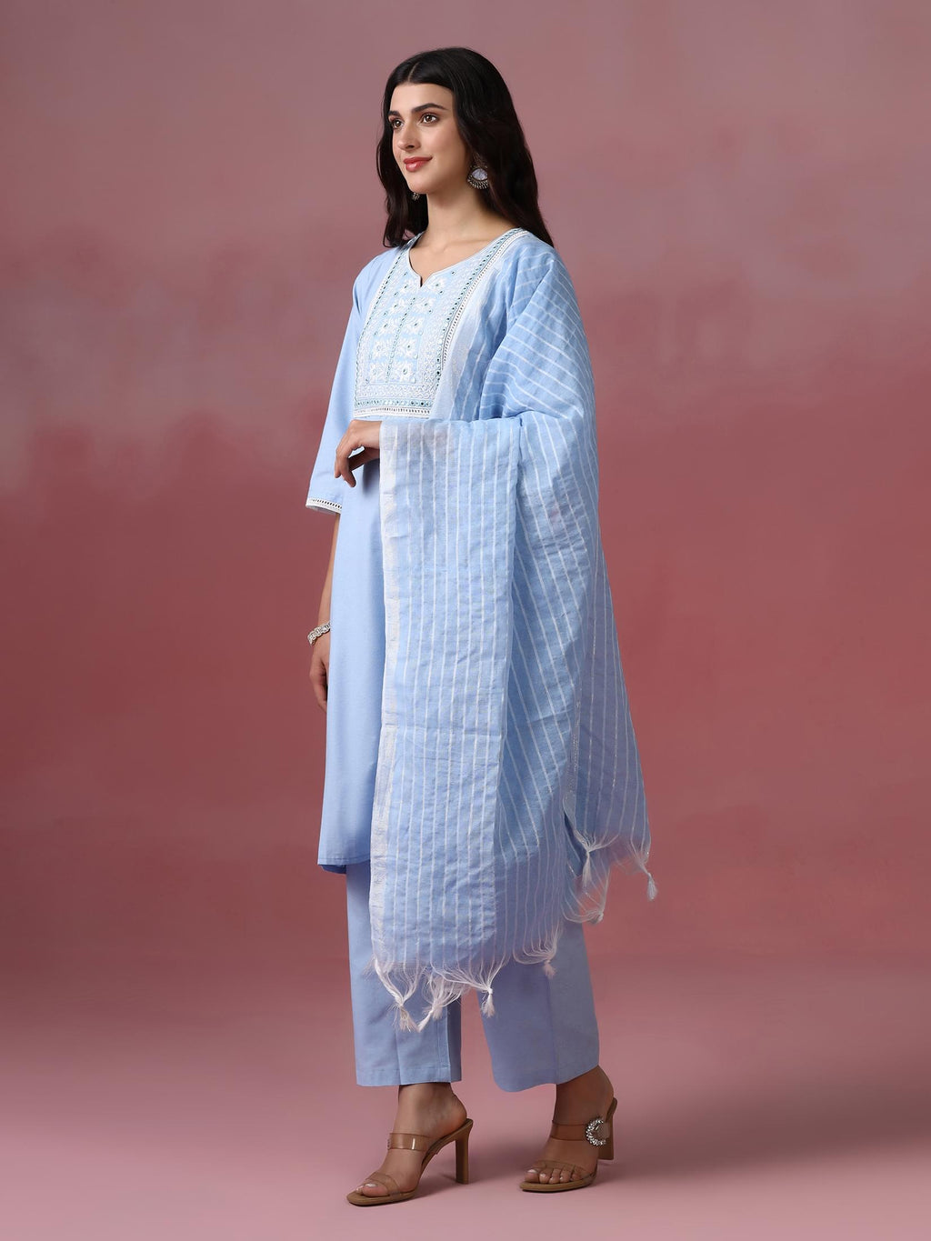 Women Poly Cotton Blue Embroidered Kurta Comfort Pant Dupatta
