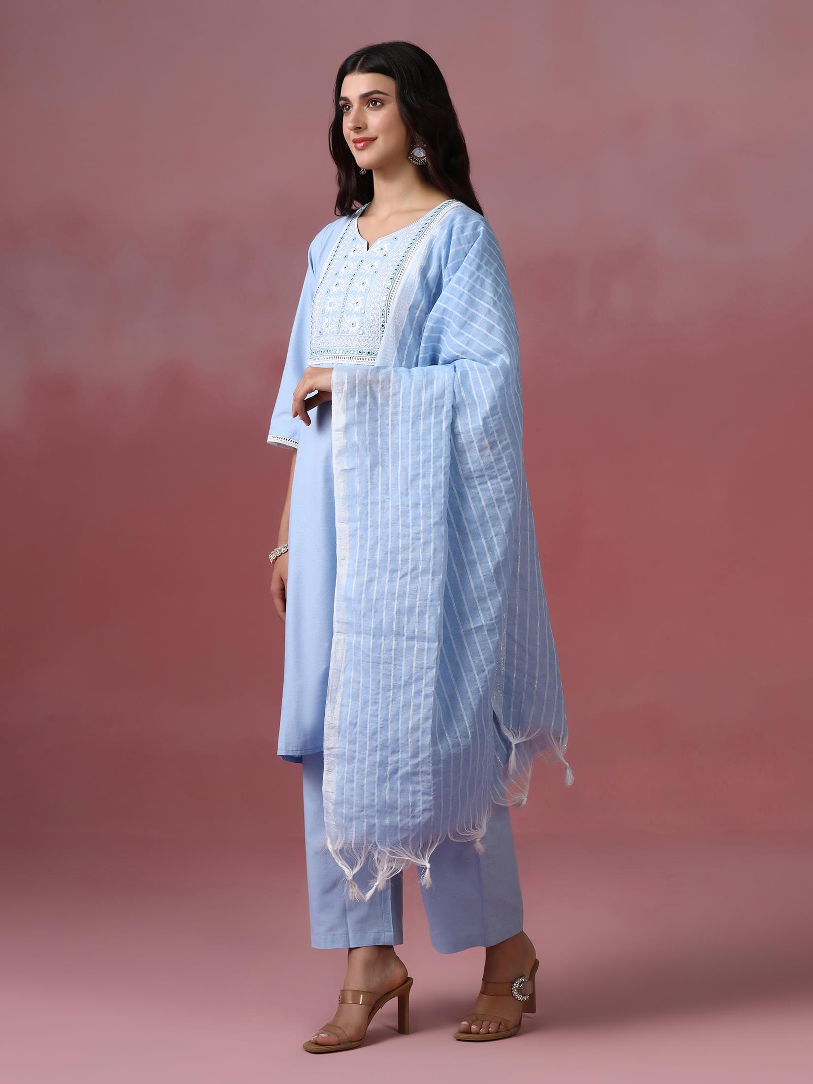 Women Poly Cotton Blue Embroidered Kurta Comfort Pant Dupatta