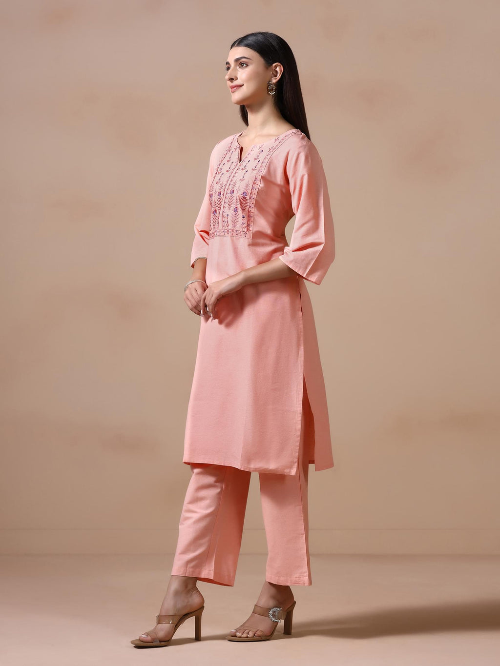 Women Poly Cotton Peach Embroidered Kurta Comfort Pant Dupatta