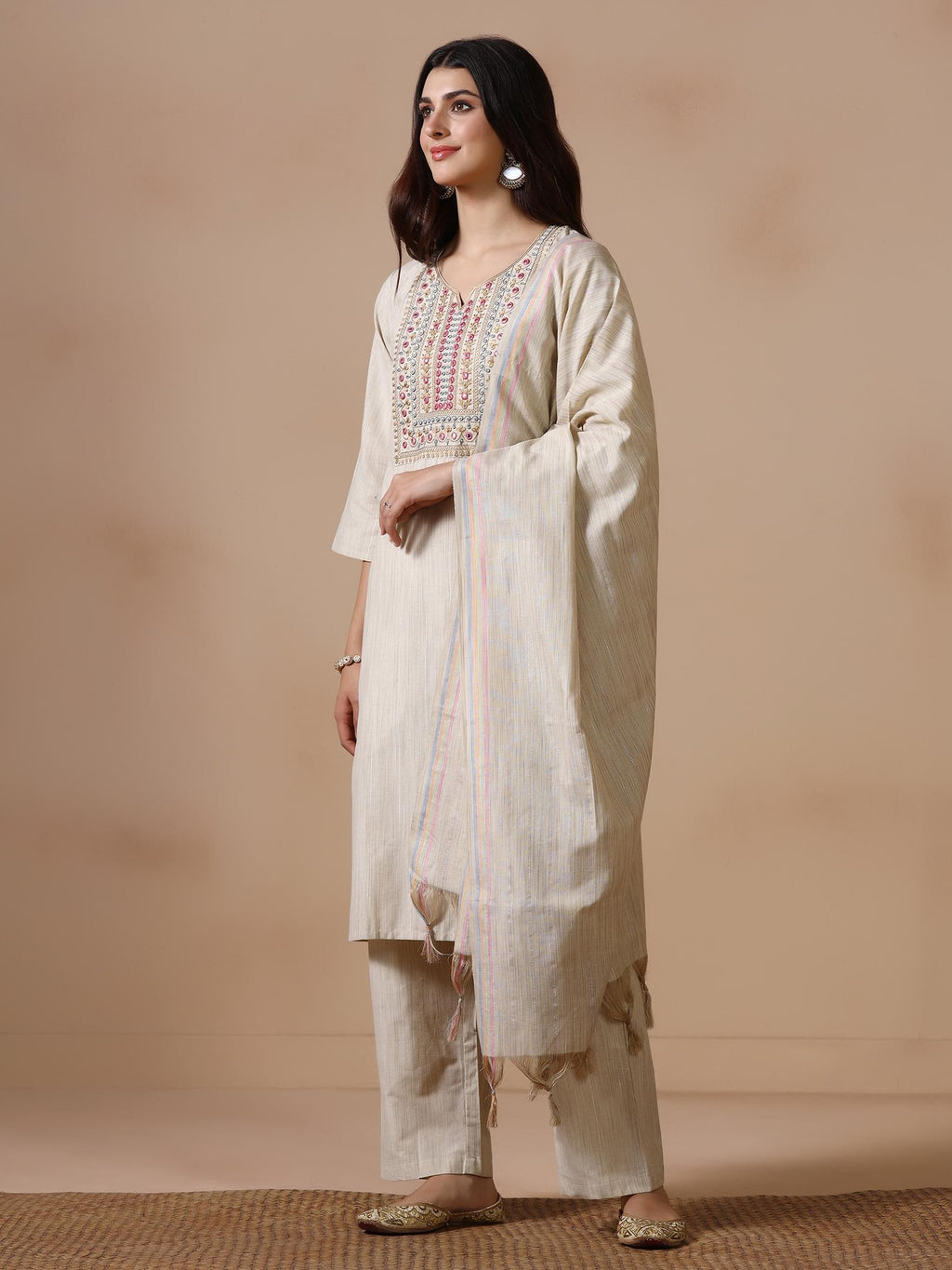 Women Poly Cotton Beige Embroidered Kurta Comfort Pant Dupatta