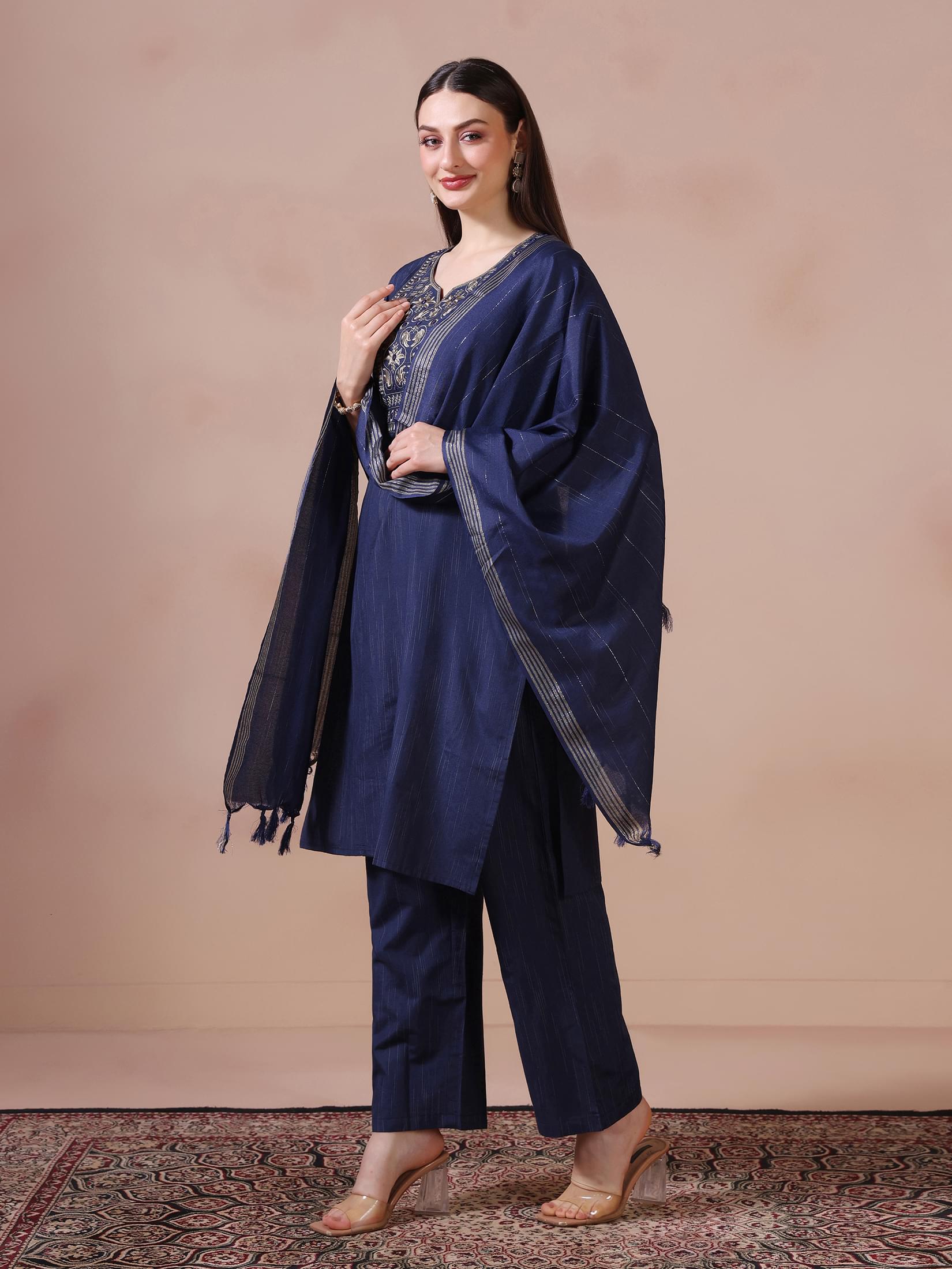 Women Poly Cotton Navy Blue Embroidered Kurta Comfort Pant Dupatta