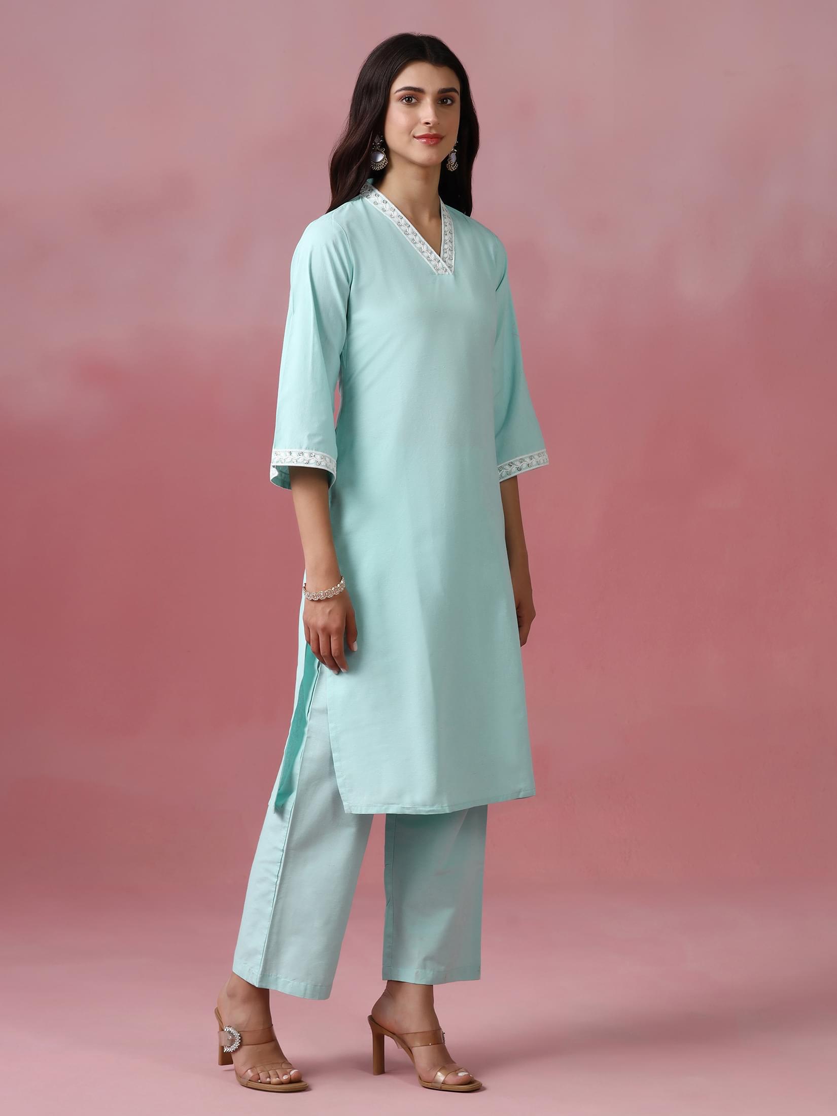 Women Poly Cotton Green Embroidered Kurta With Comfort Pant