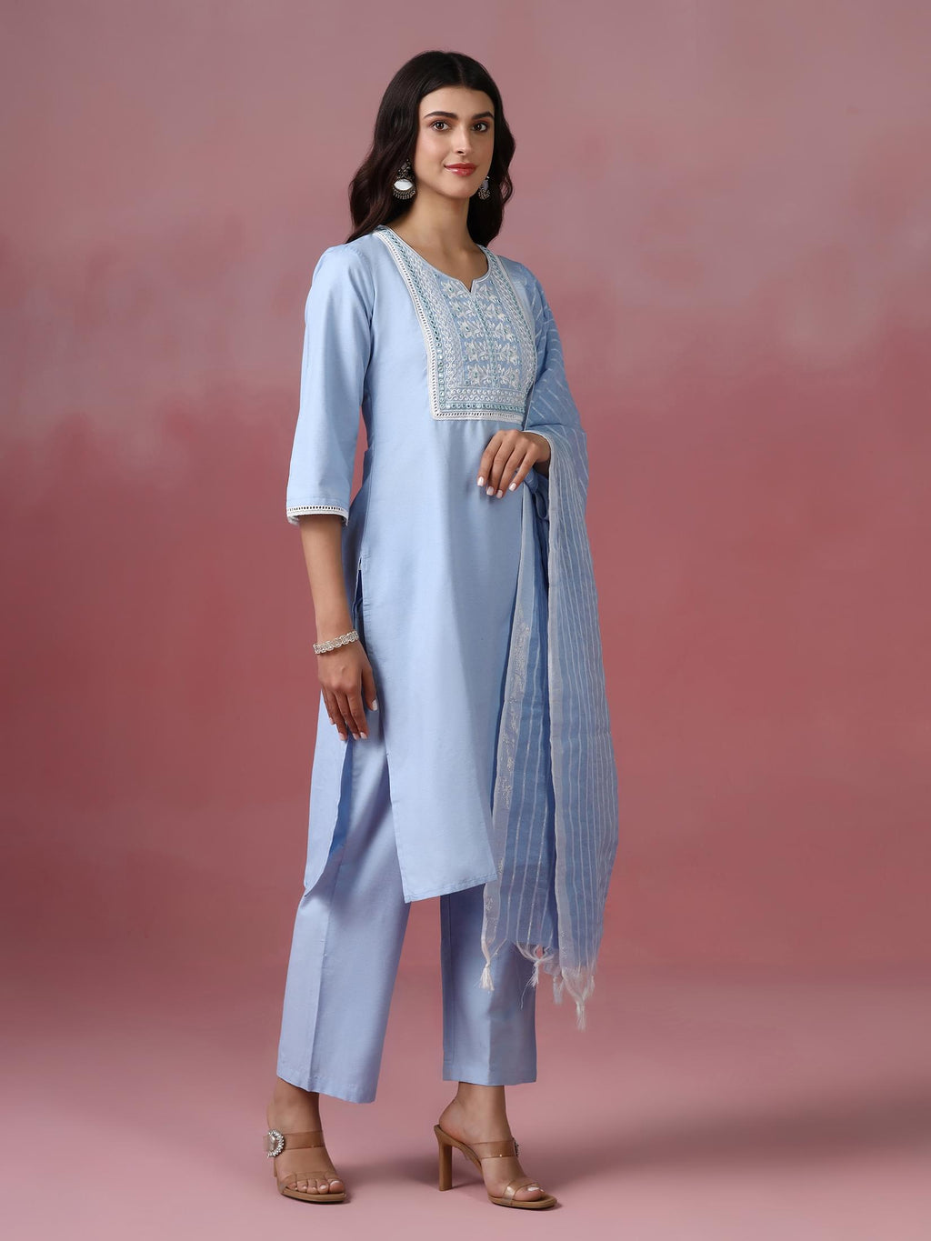 Women Poly Cotton Blue Embroidered Kurta Comfort Pant Dupatta