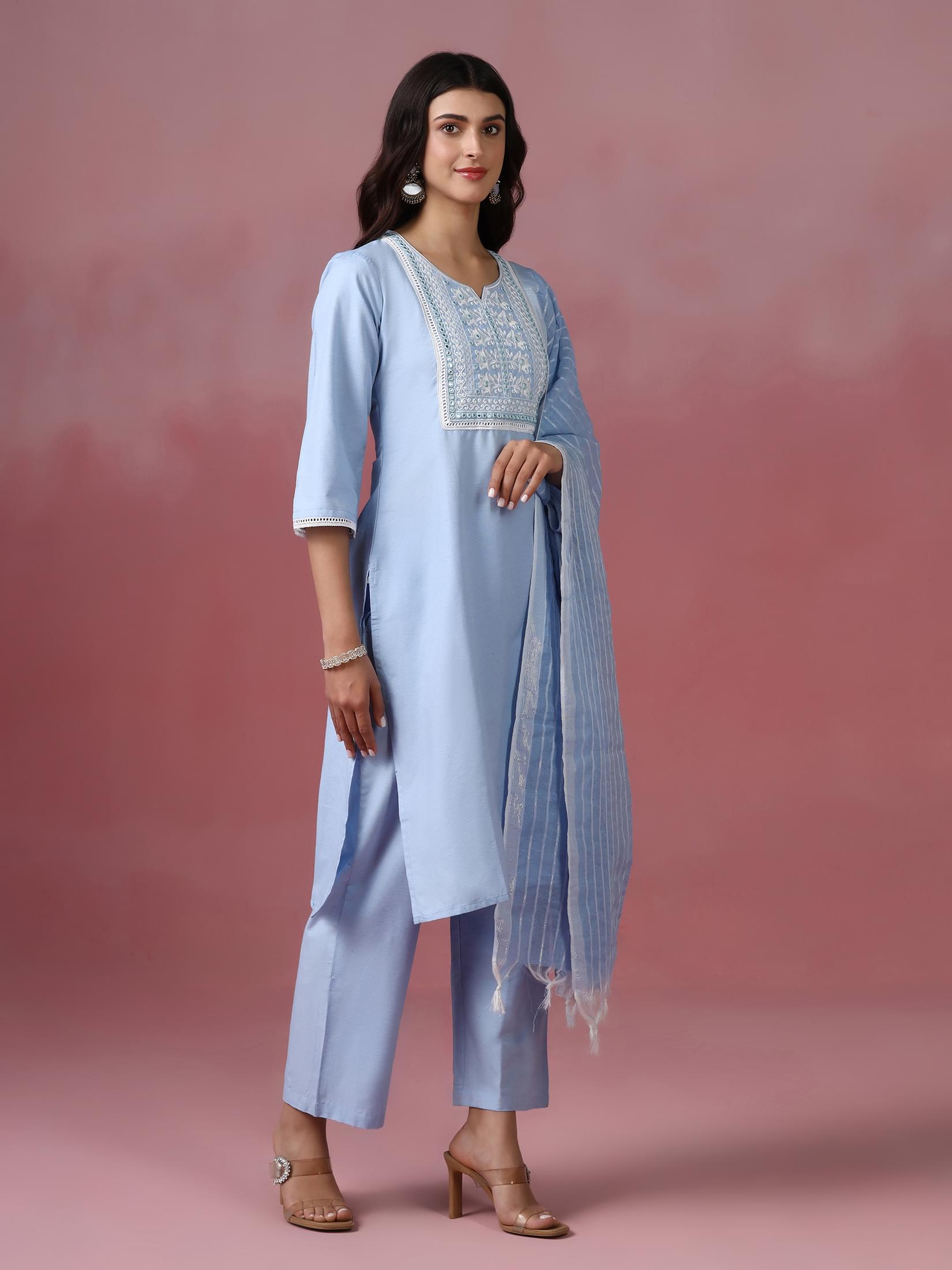 Women Poly Cotton Blue Embroidered Kurta Comfort Pant Dupatta