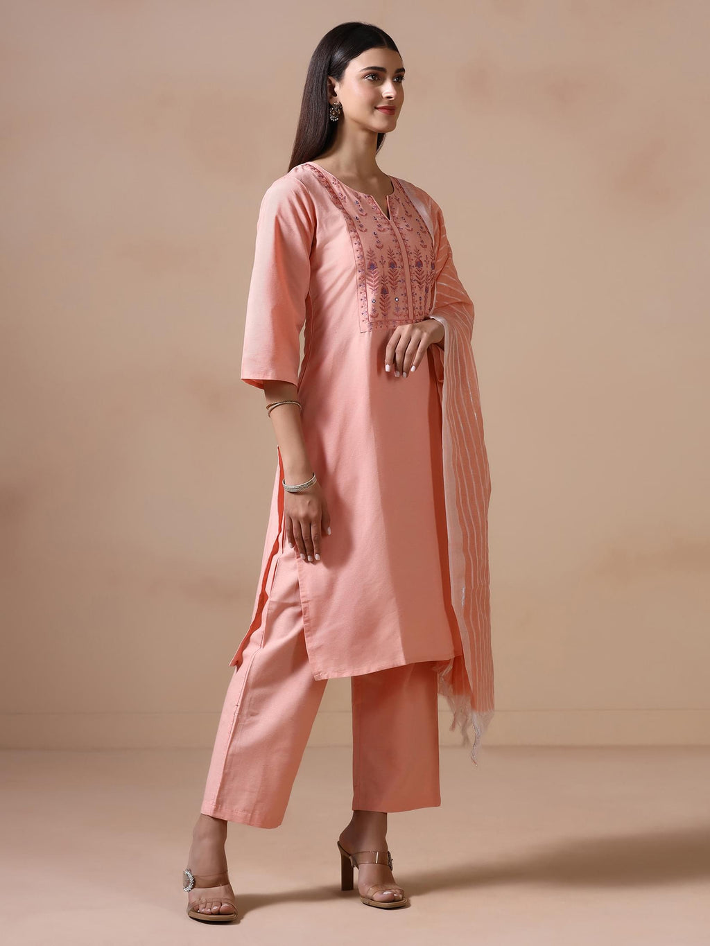 Women Poly Cotton Peach Embroidered Kurta Comfort Pant Dupatta