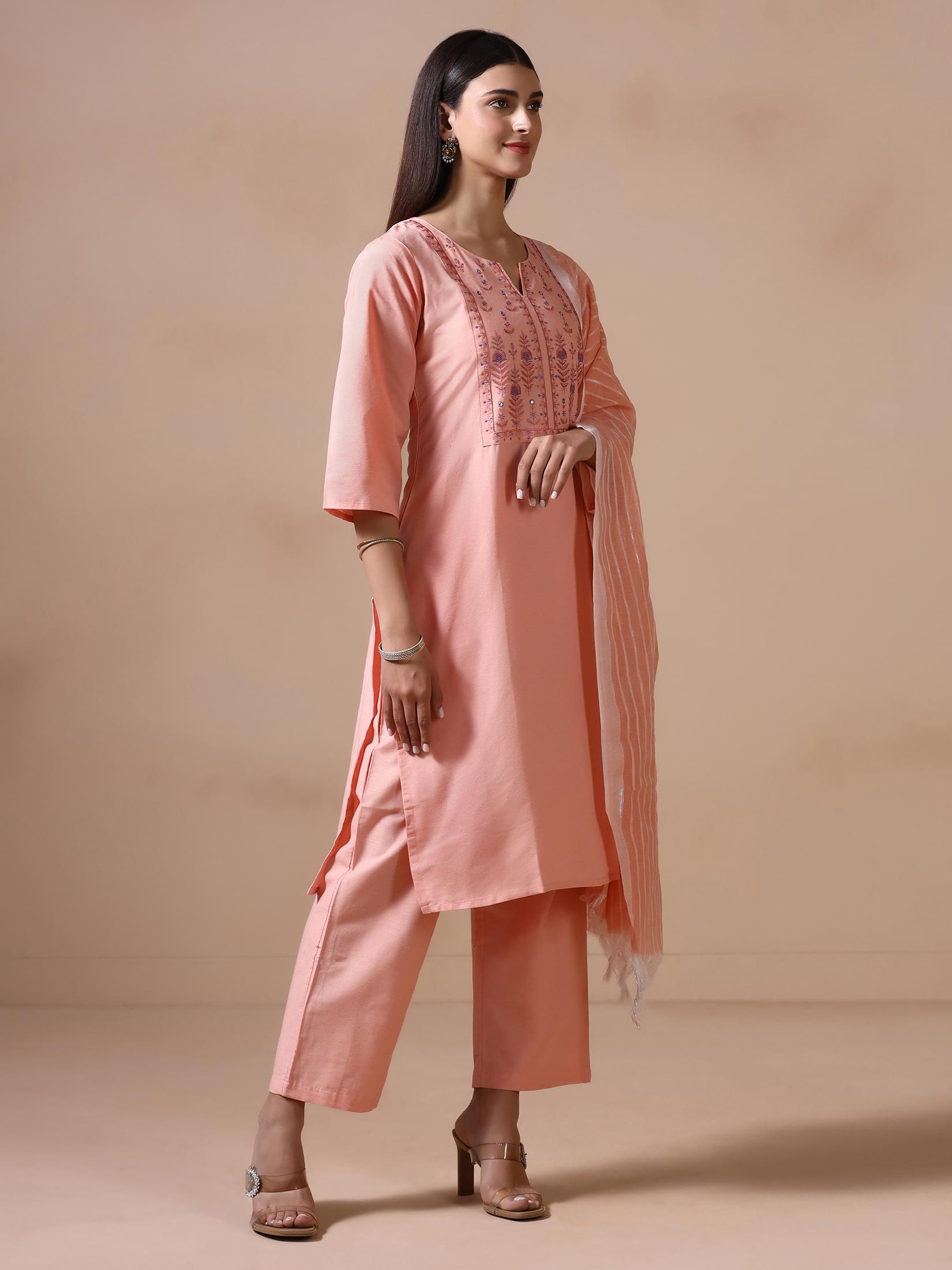 Women Poly Cotton Peach Embroidered Kurta Comfort Pant Dupatta