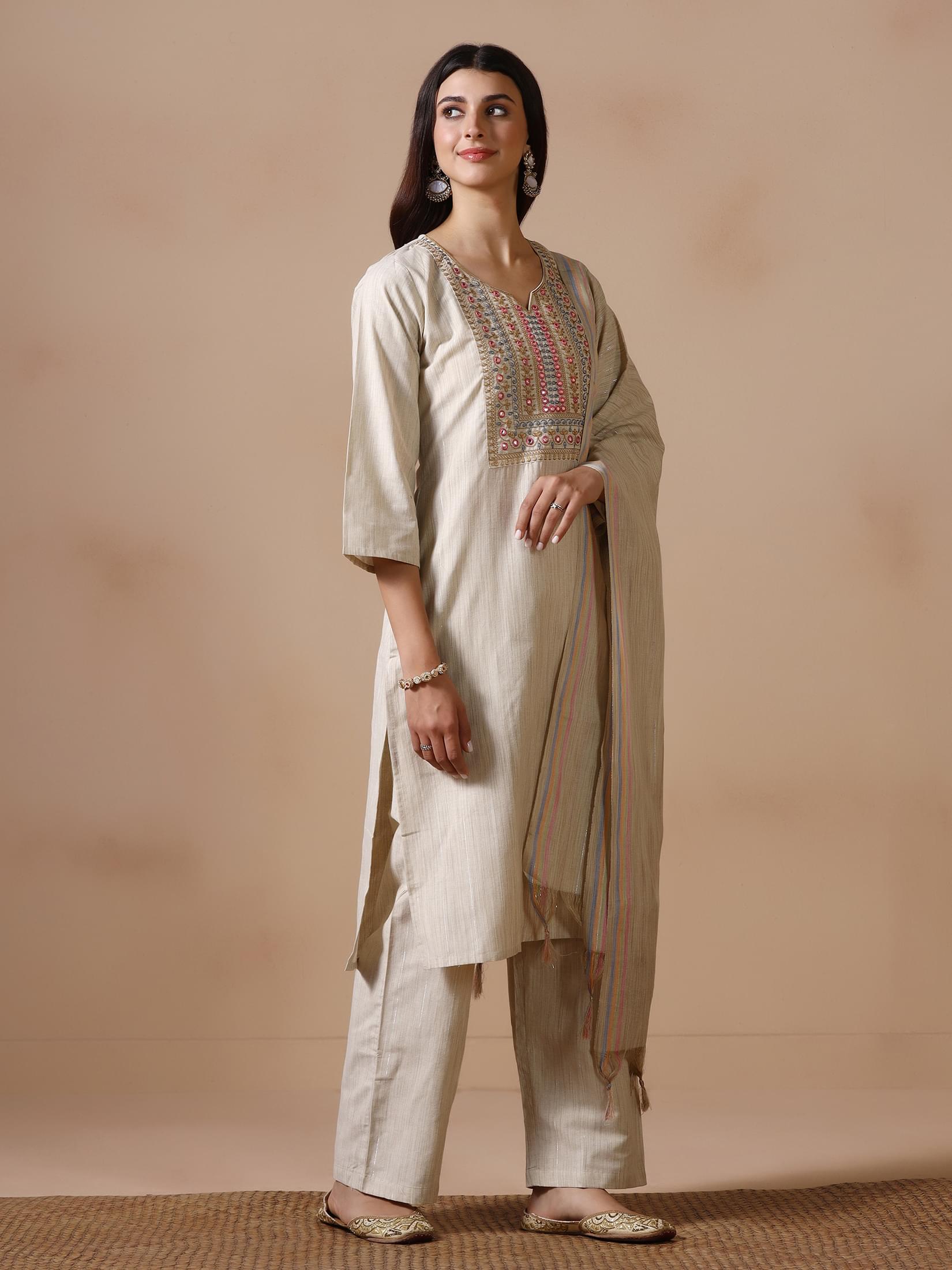 Women Poly Cotton Beige Embroidered Kurta Comfort Pant Dupatta