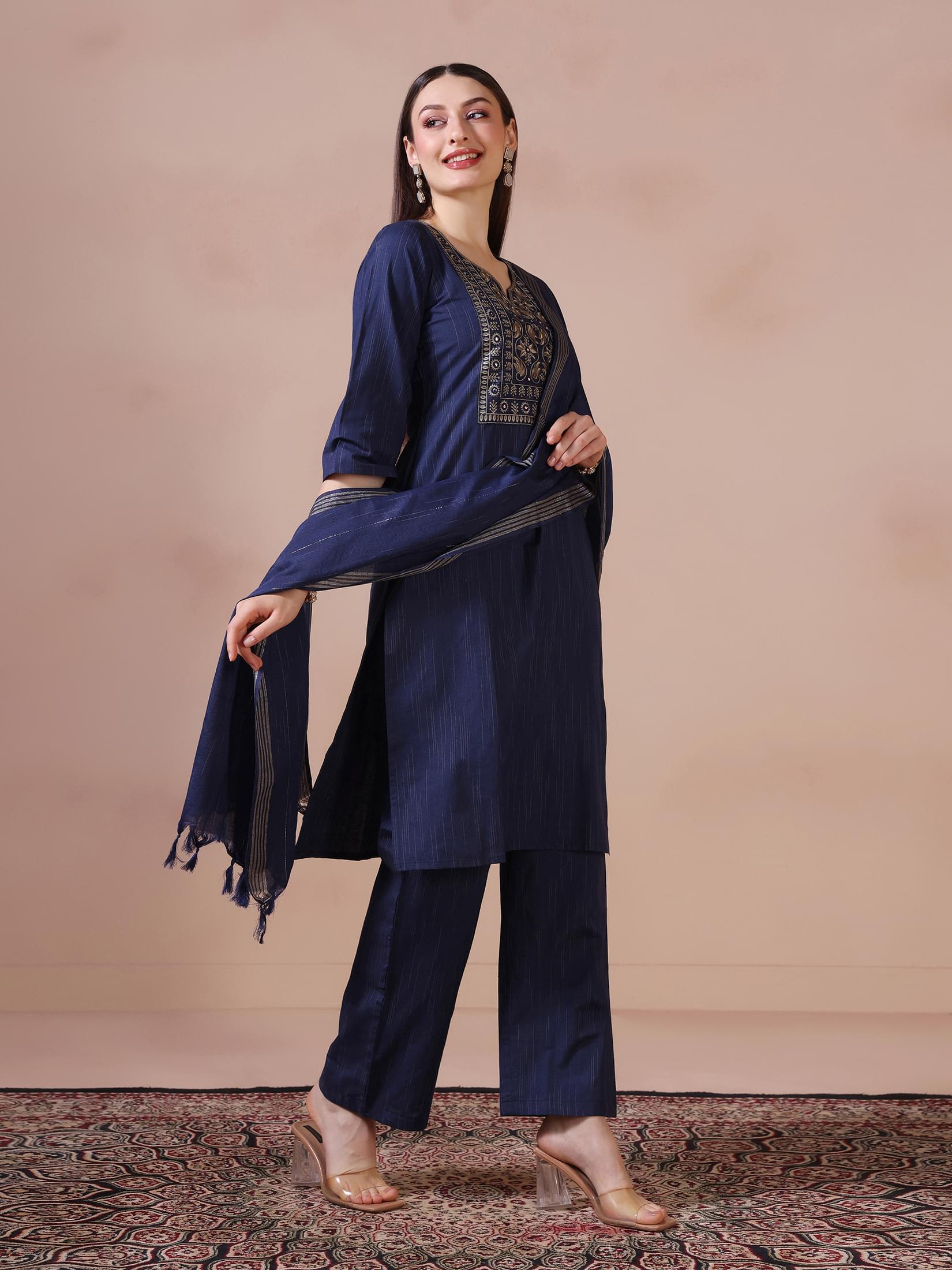 Women Poly Cotton Navy Blue Embroidered Kurta Comfort Pant Dupatta