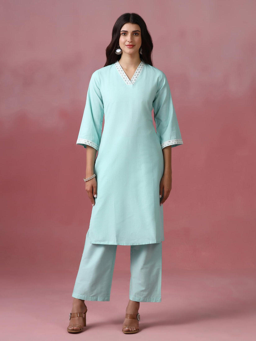 Women Poly Cotton Green Embroidered Kurta With Comfort Pant