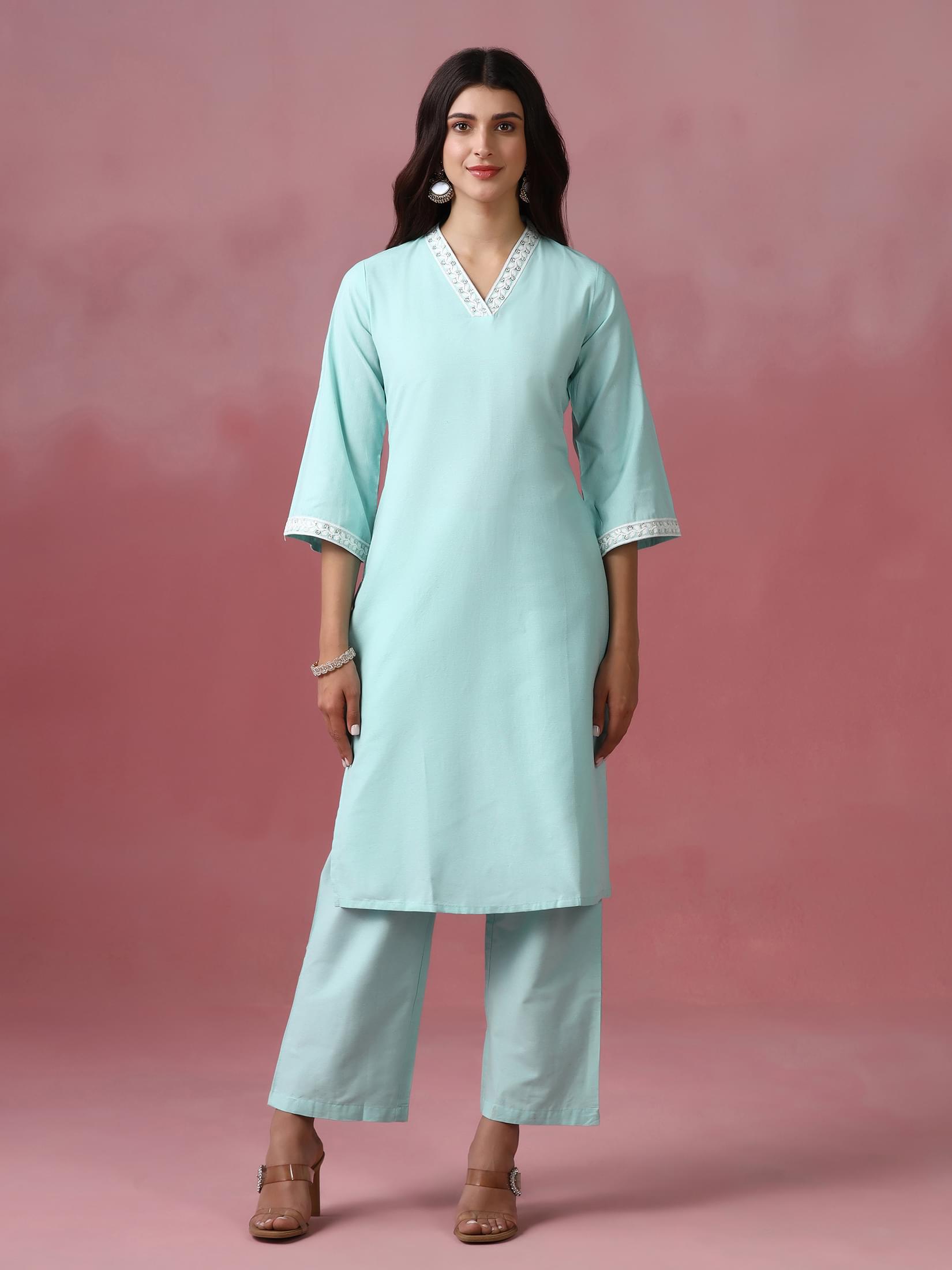 Women Poly Cotton Green Embroidered Kurta With Comfort Pant