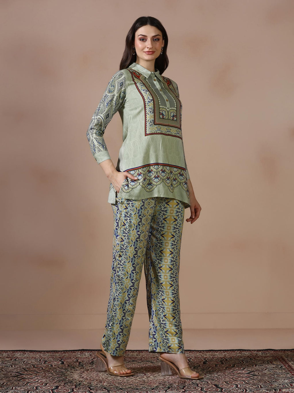 Women Liva Green Printed Co Ord Set