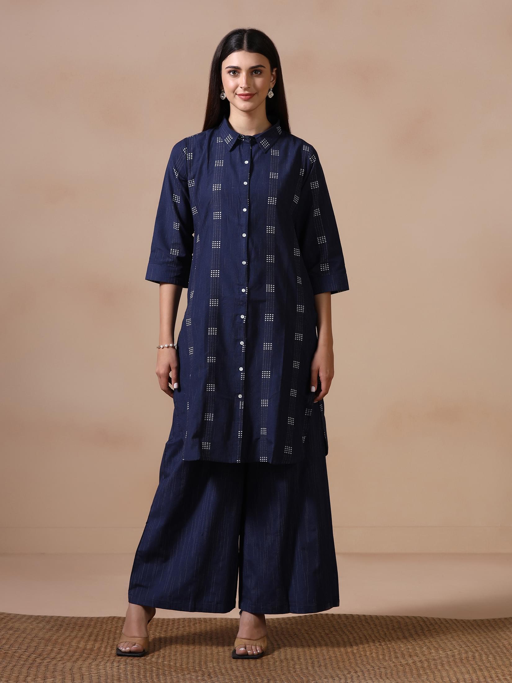 Women Poly Cotton Navy Blue Yarn Dyed Kurta With Wide Leg Pant