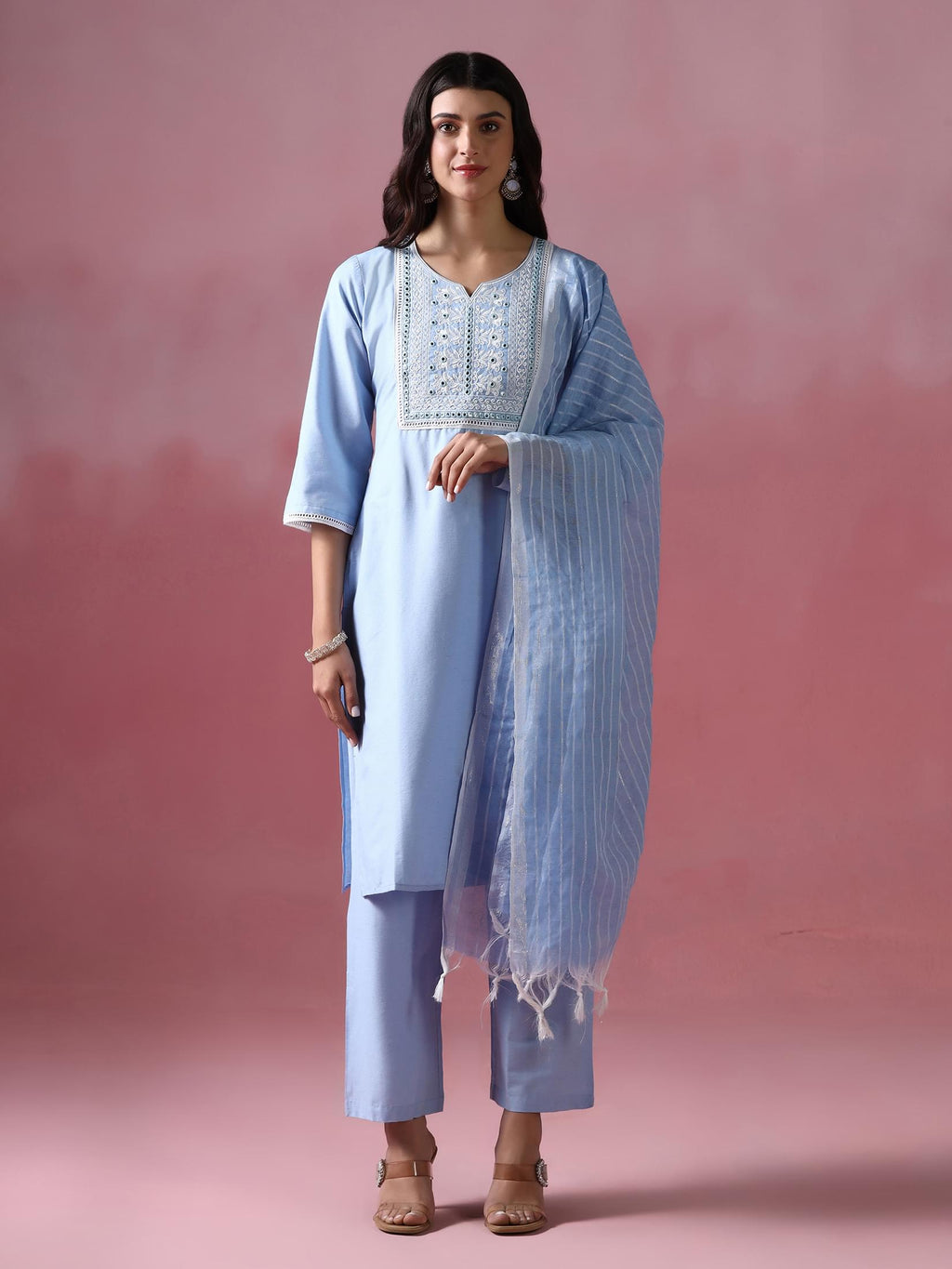 Women Poly Cotton Blue Embroidered Kurta Comfort Pant Dupatta
