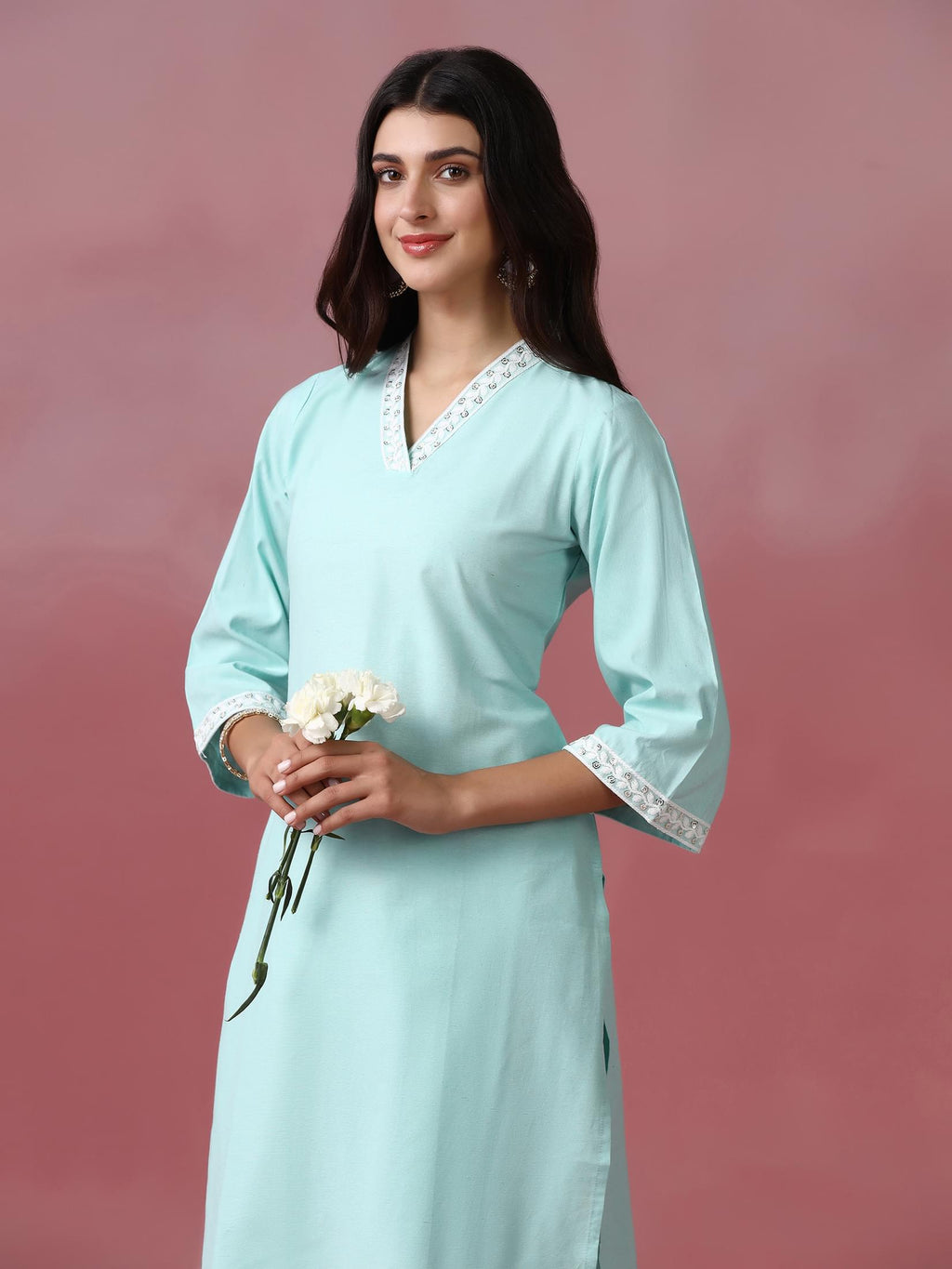 Women Poly Cotton Green Embroidered Kurta With Comfort Pant