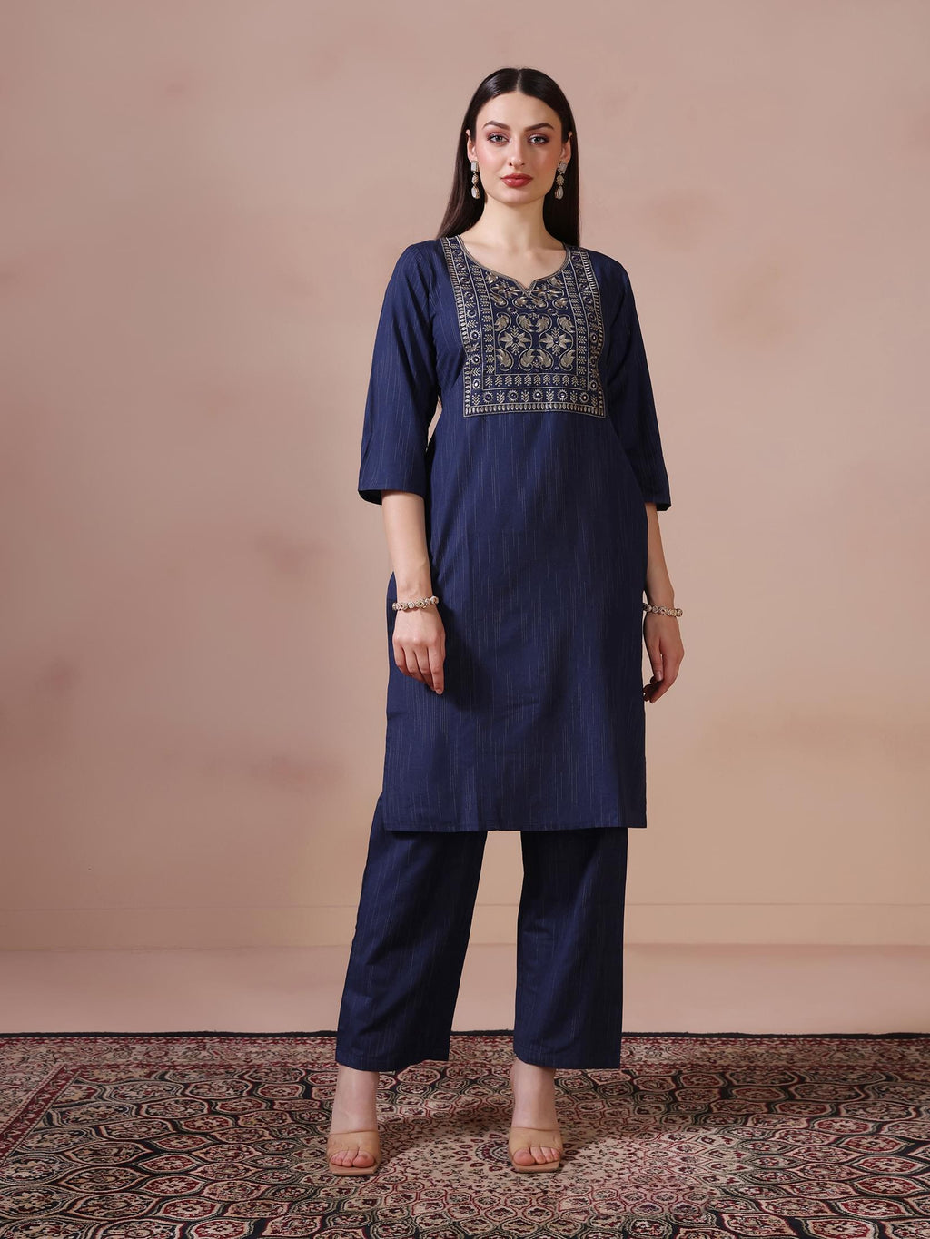 Women Poly Cotton Navy Blue Embroidered Kurta Comfort Pant Dupatta
