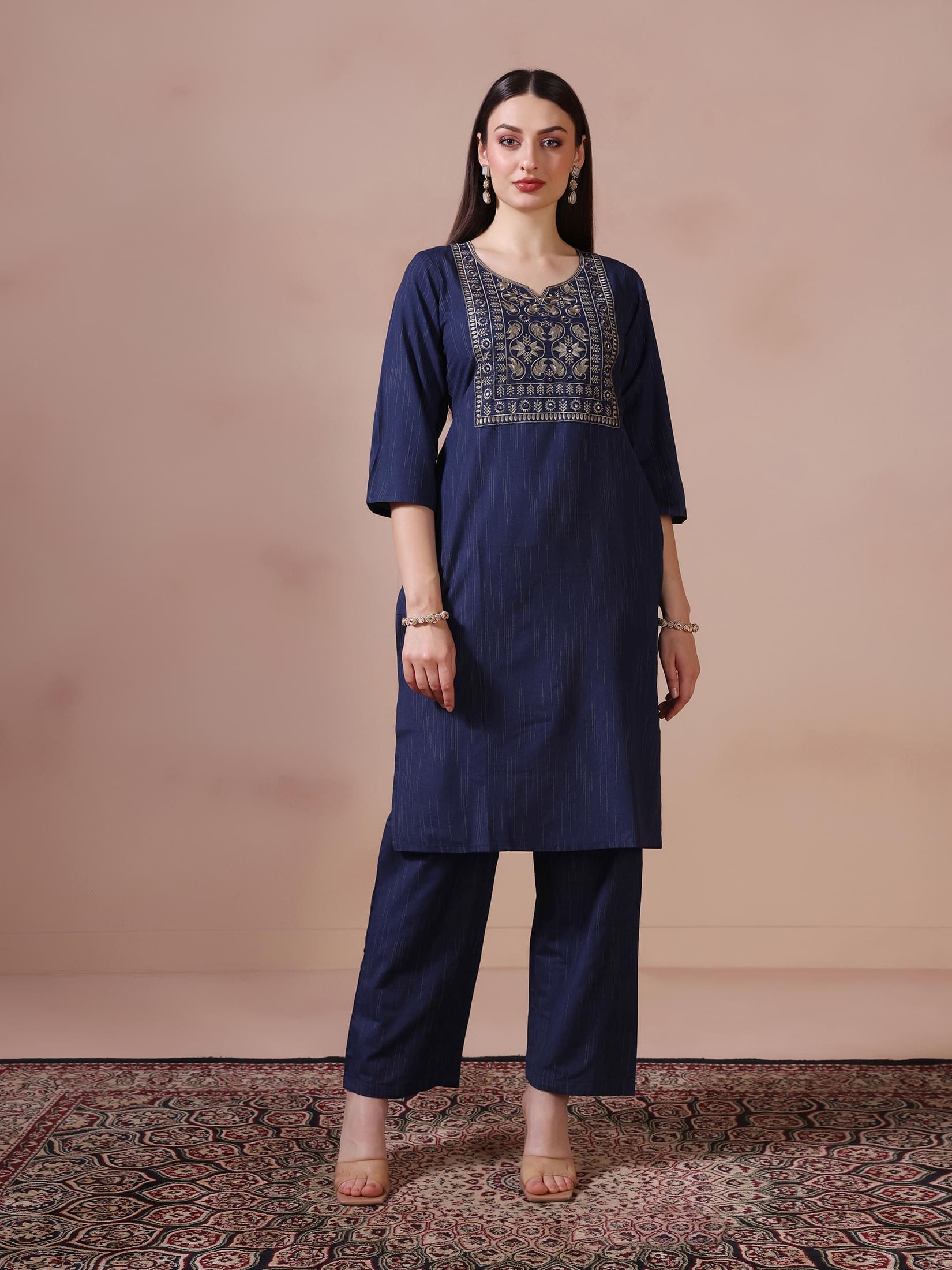 Women Poly Cotton Navy Blue Embroidered Kurta Comfort Pant Dupatta