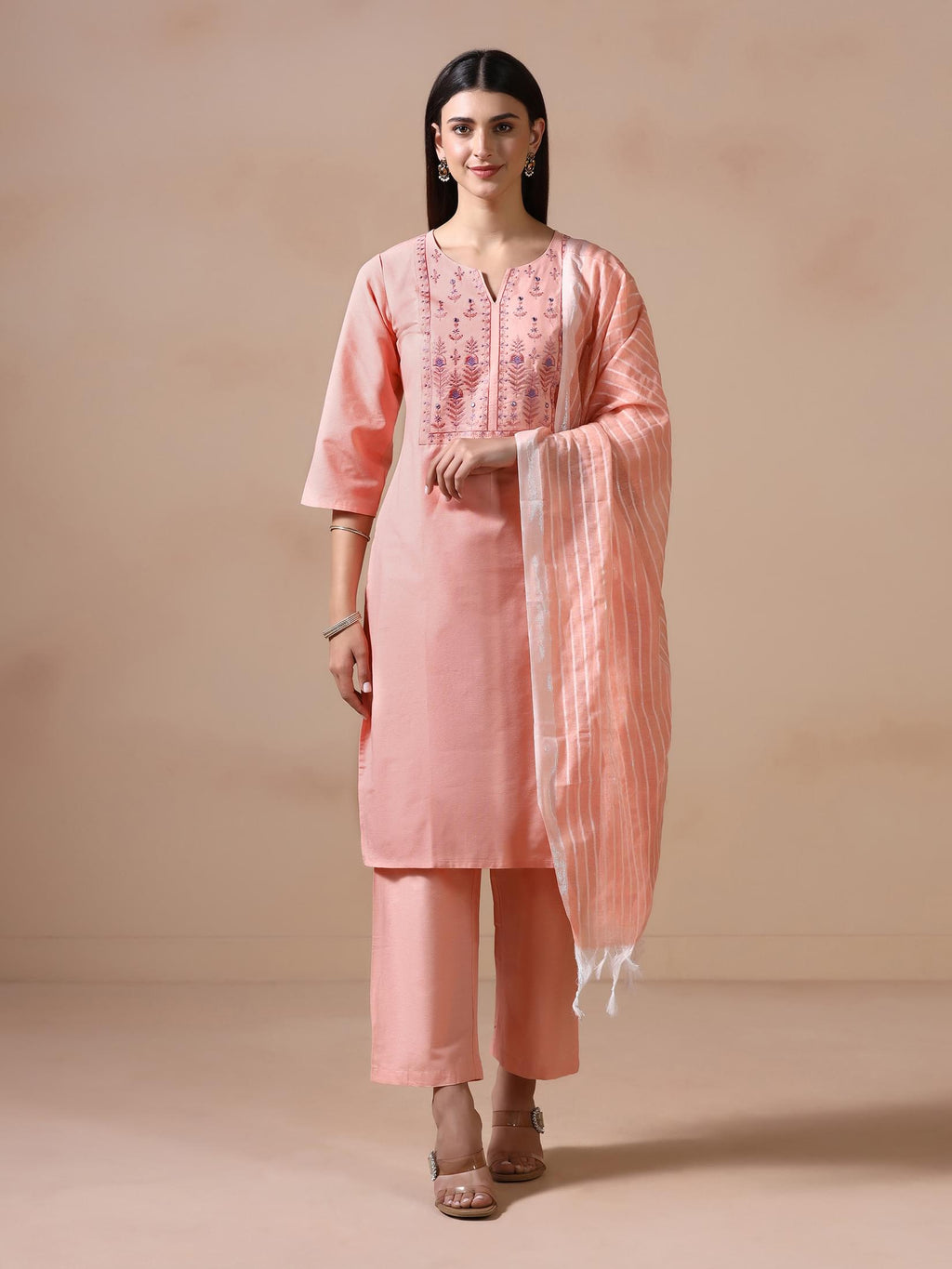 Women Poly Cotton Peach Embroidered Kurta Comfort Pant Dupatta