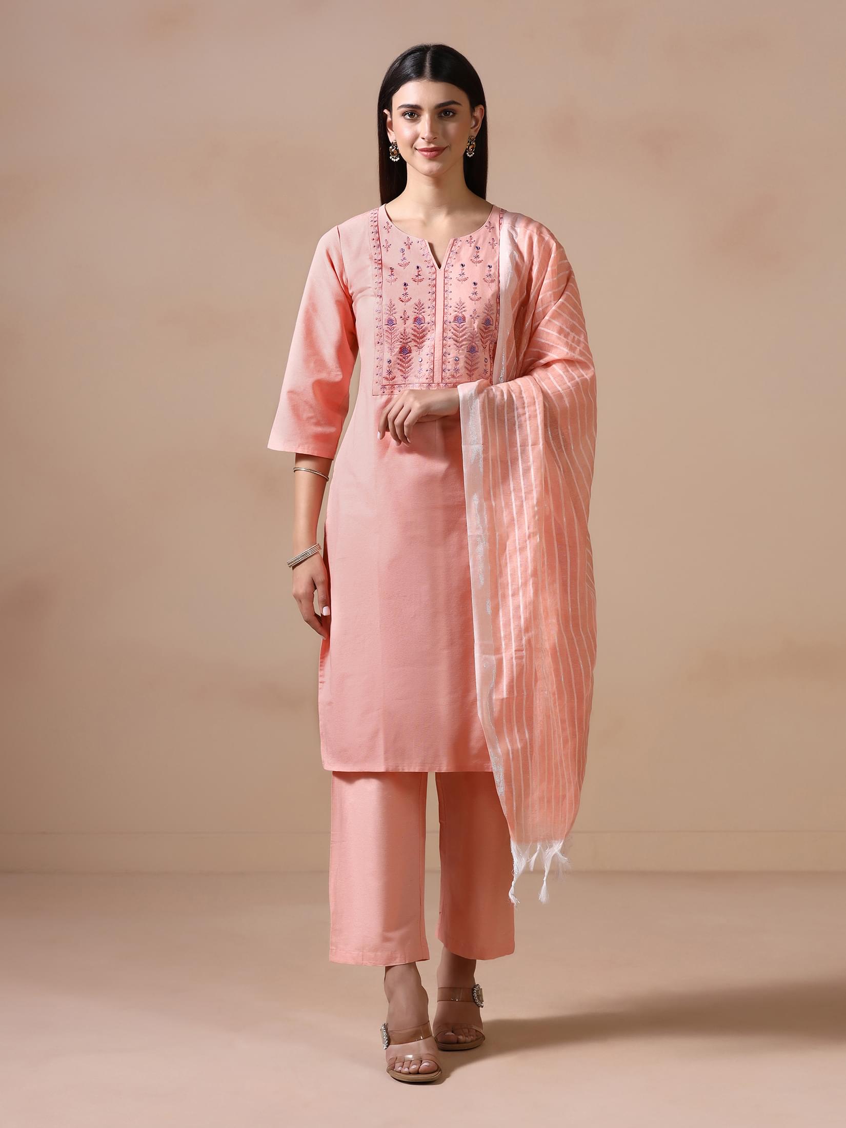 Women Poly Cotton Peach Embroidered Kurta Comfort Pant Dupatta