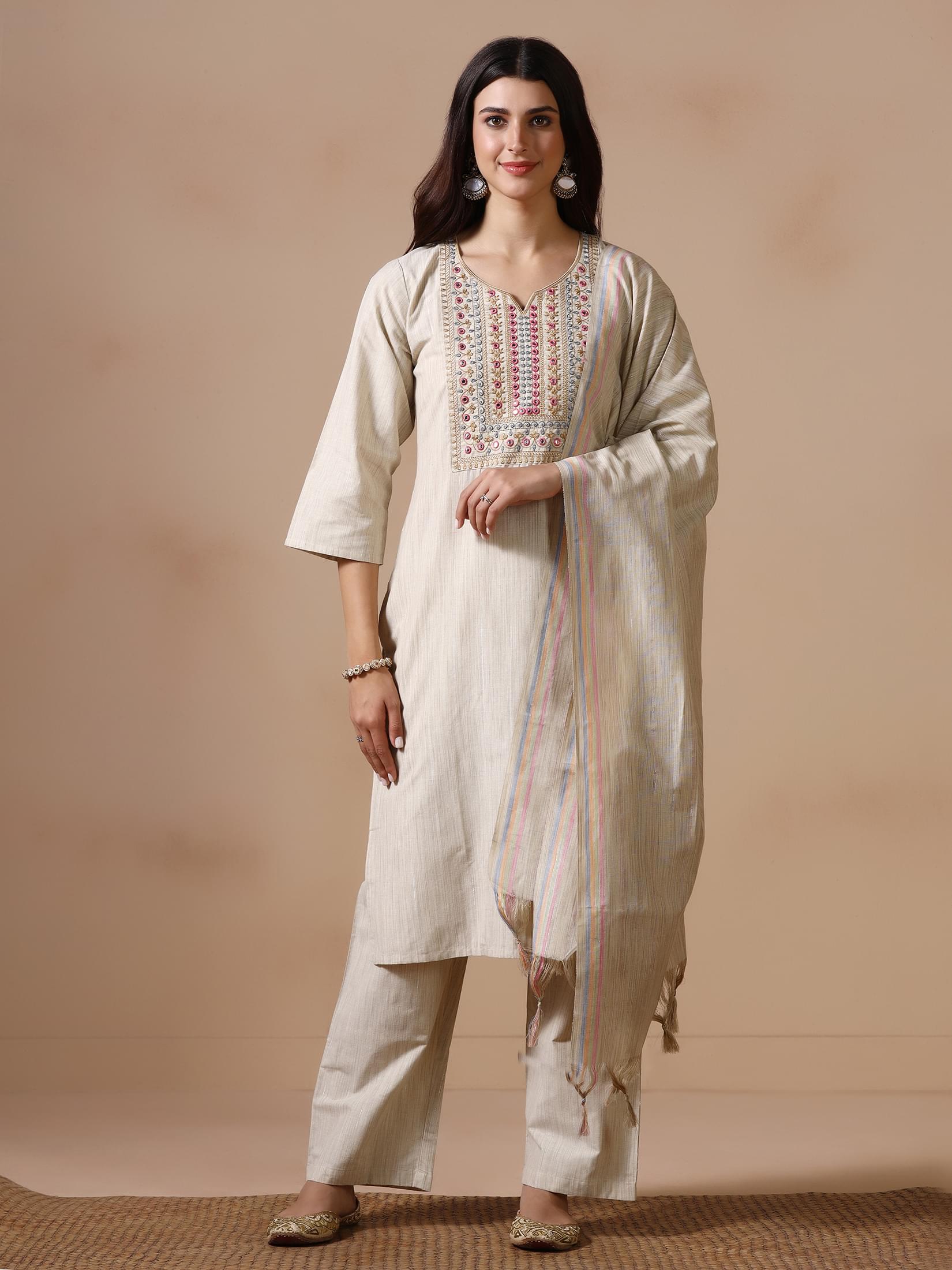 Women Poly Cotton Beige Embroidered Kurta Comfort Pant Dupatta