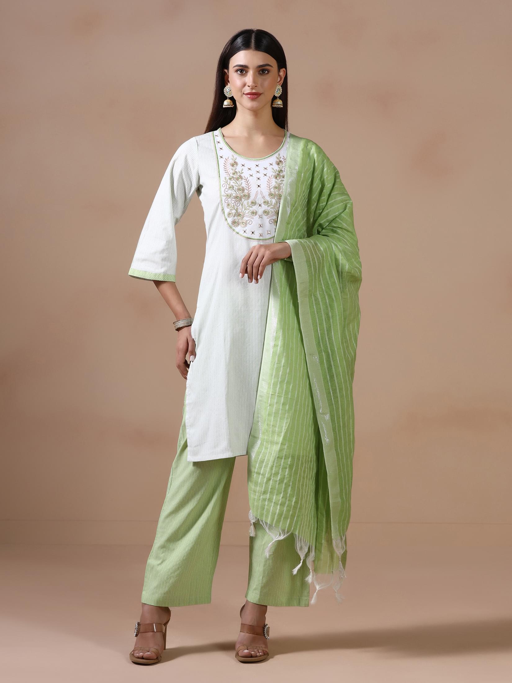 Women Poly Cotton Green Embroidered Yarn Dyed Kurta Comfort Pant Dupatta