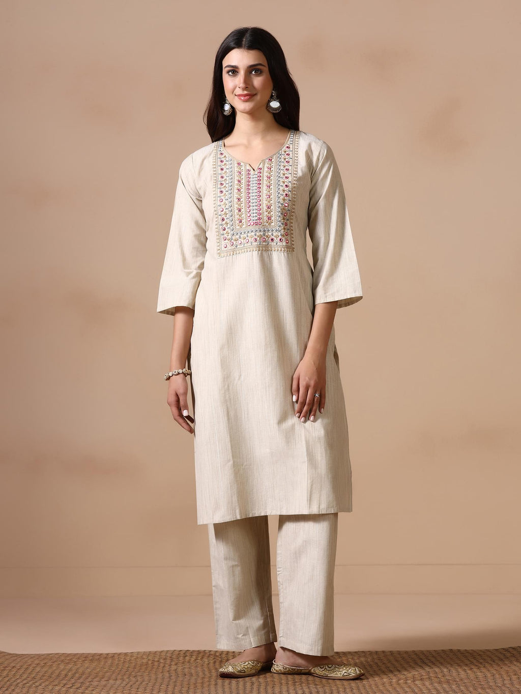 Women Poly Cotton Beige Embroidered Kurta Comfort Pant Dupatta