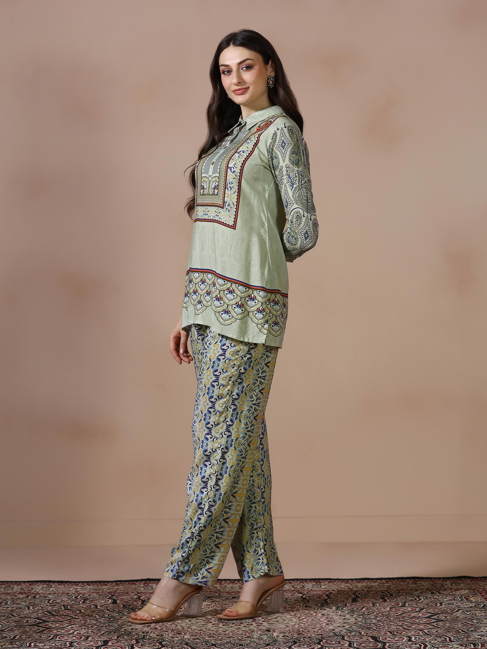 Women Liva Green Printed Co Ord Set