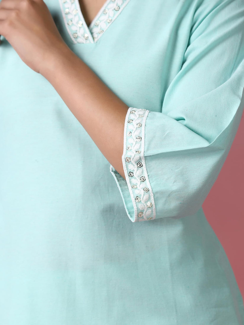 Women Poly Cotton Green Embroidered Kurta With Comfort Pant