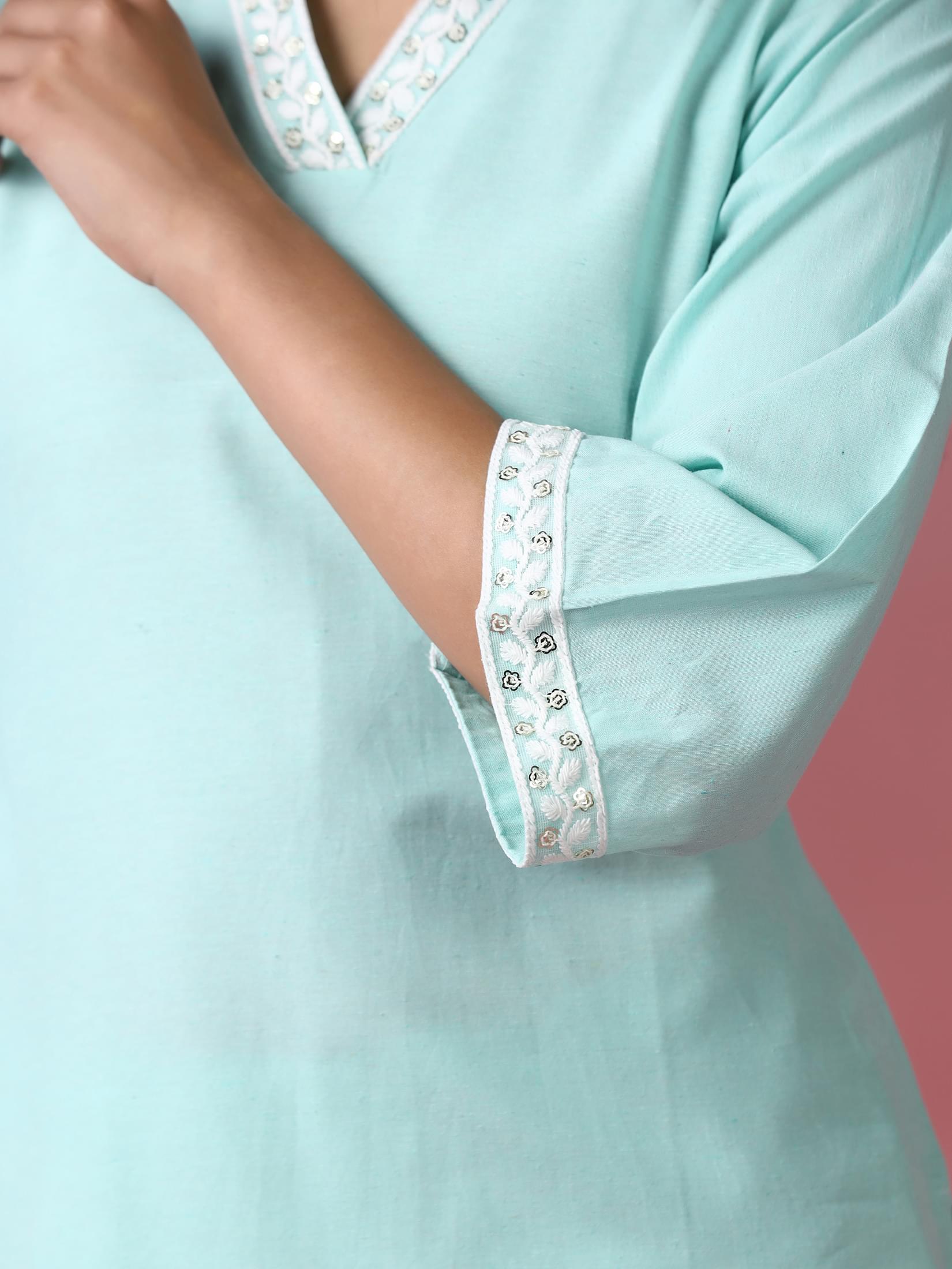 Women Poly Cotton Green Embroidered Kurta With Comfort Pant