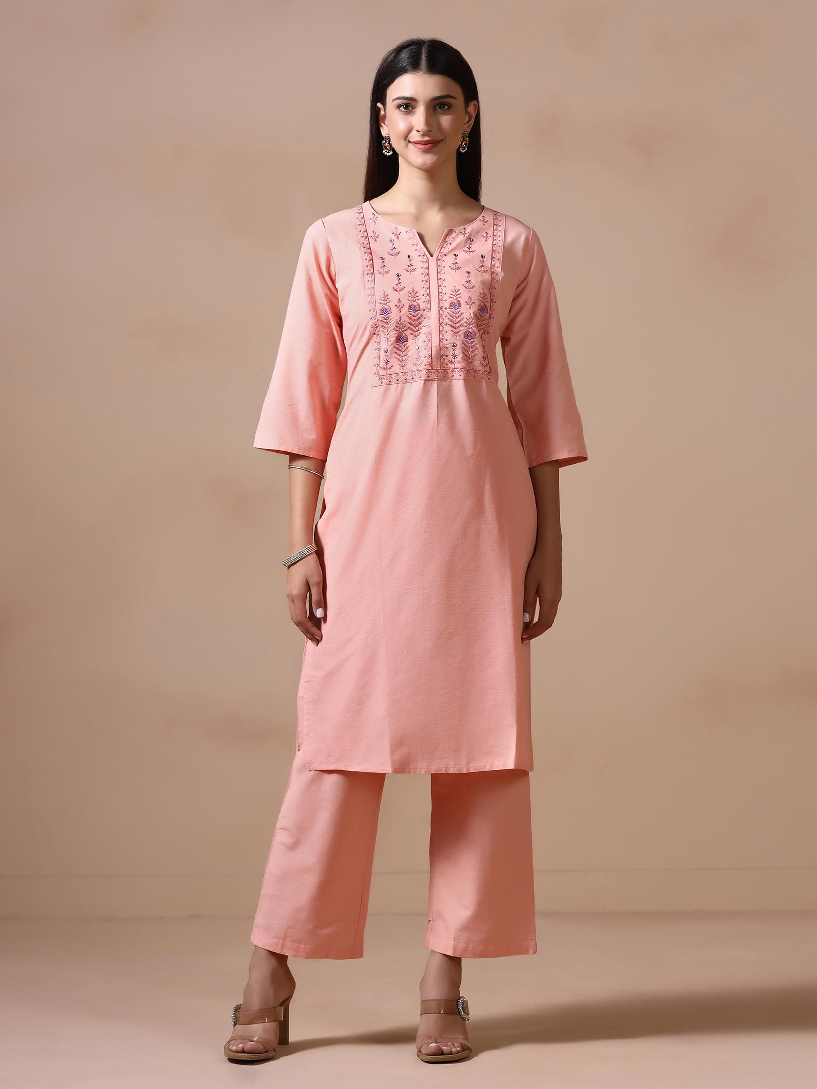 Women Poly Cotton Peach Embroidered Kurta Comfort Pant Dupatta