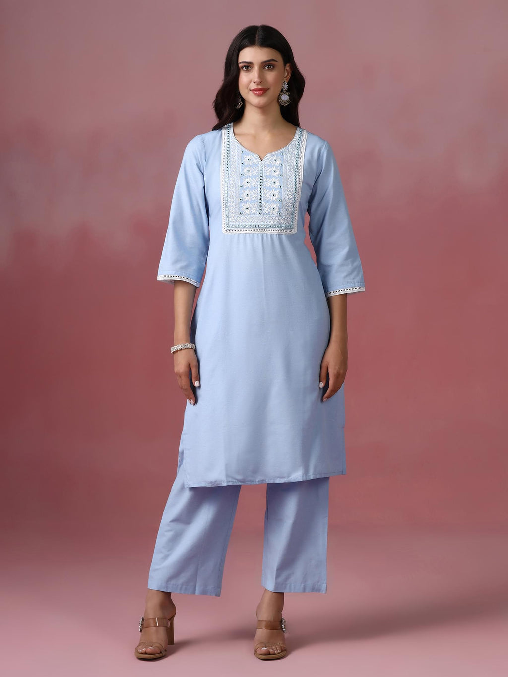 Women Poly Cotton Blue Embroidered Kurta Comfort Pant Dupatta